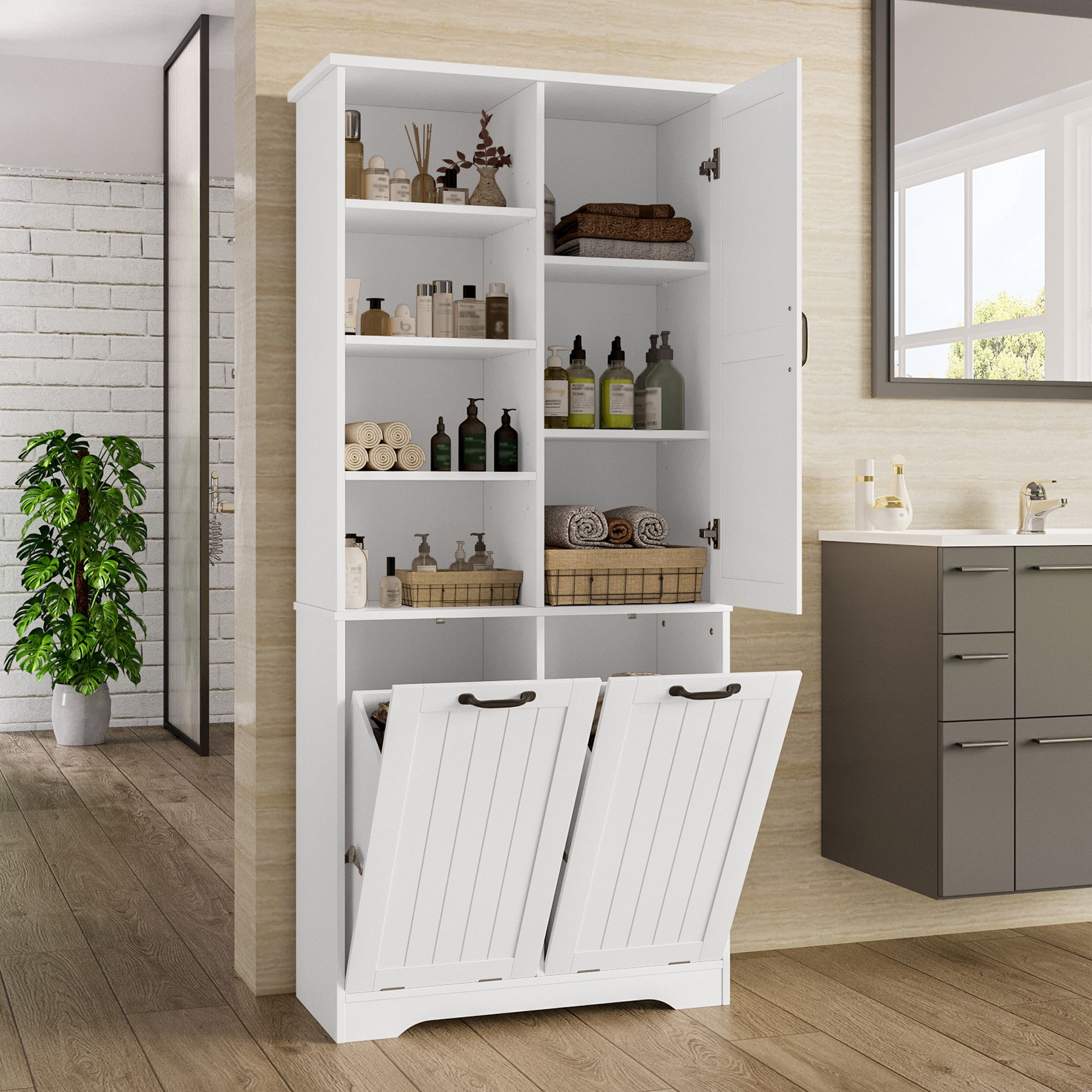 Flieks Badkommode Hochschrank mit doppelter Wäschekorb, 7 Fächern (B78/T35/H172,7 cm, 1 St., mit verstellbaren Einlegeböden und 2 Klappen), Badezimmerschrank feuchtigkeitsbeständiger Holzschrank aus MDF Weiß