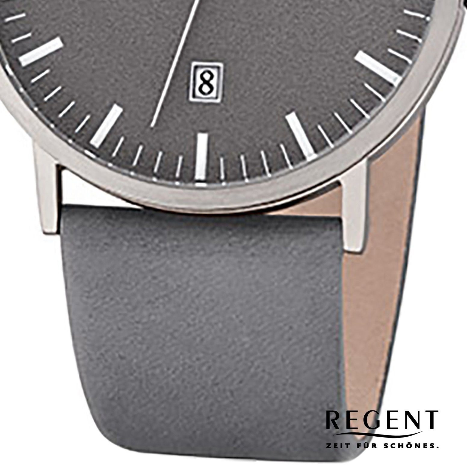 Regent Quarzuhr Regent F-1234 mittel Leder 39mm), rund, Uhr Armbanduhr Lederarmband Quarzwerk, grau Herren (ca. Herren