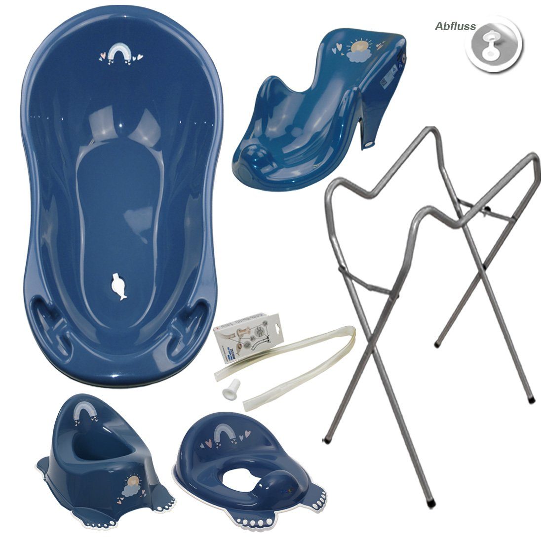 Blau Europe + 5 Ständer Ablauf WC -Abflussset (Made Aufsatz Teile Babybadewanne SET Babybadeset, Töpfchen Ständer + AB- in Grau + Sitz Premium.set), + METEO + Set+ Tega-Baby Wanne