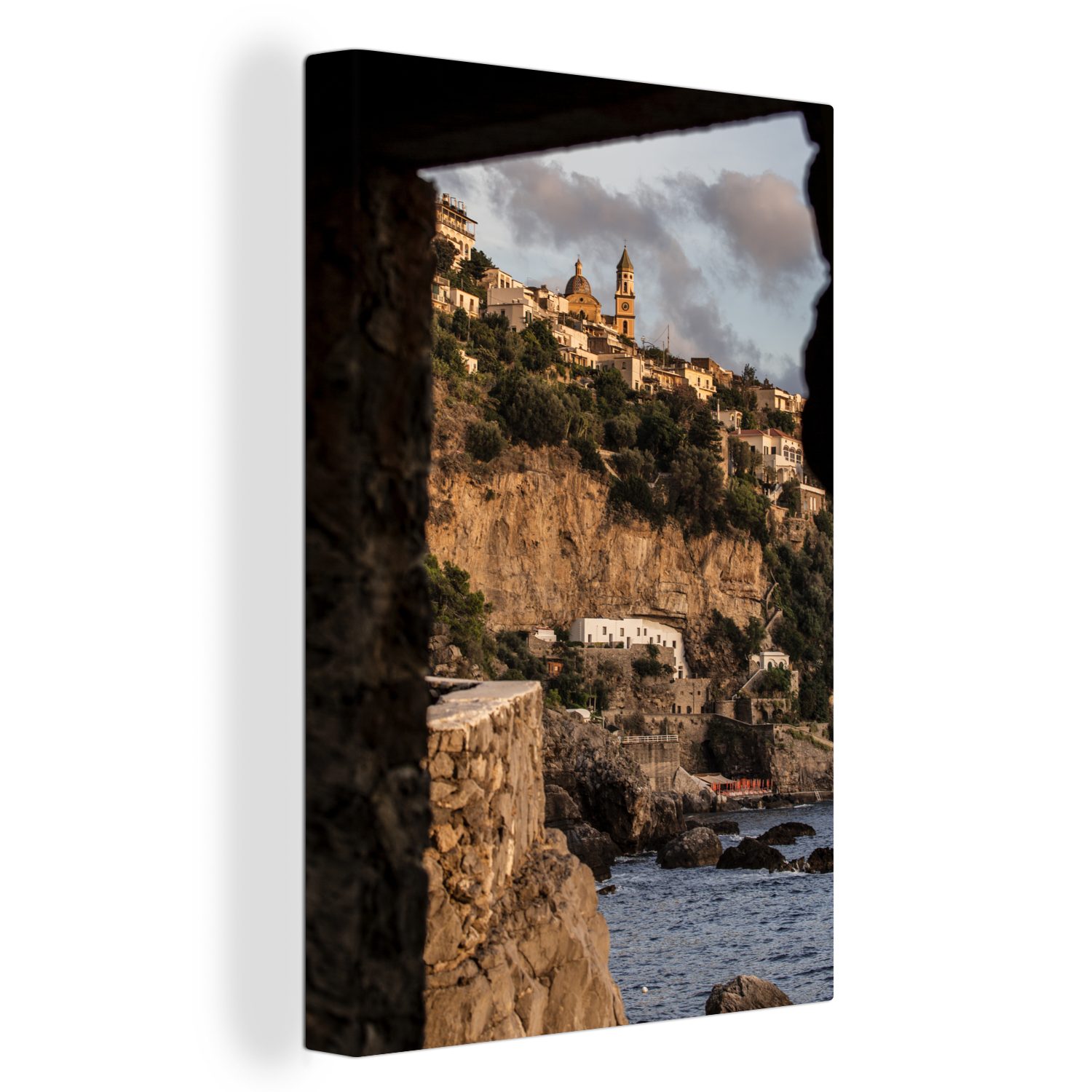 cm inkl. einem 20x30 OneMillionCanvasses® St), Steinfenster Zackenaufhänger, das fertig italienische auf Praiano, Leinwandbild (1 Dorf Gemälde, bespannt aus Blick Leinwandbild