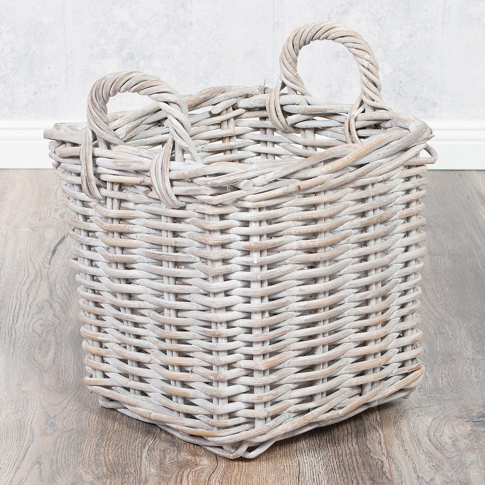 LebensWohnArt Dekokorb Landhaus Rattankorb BAKUL eckig White 30x30cm mit Griffen