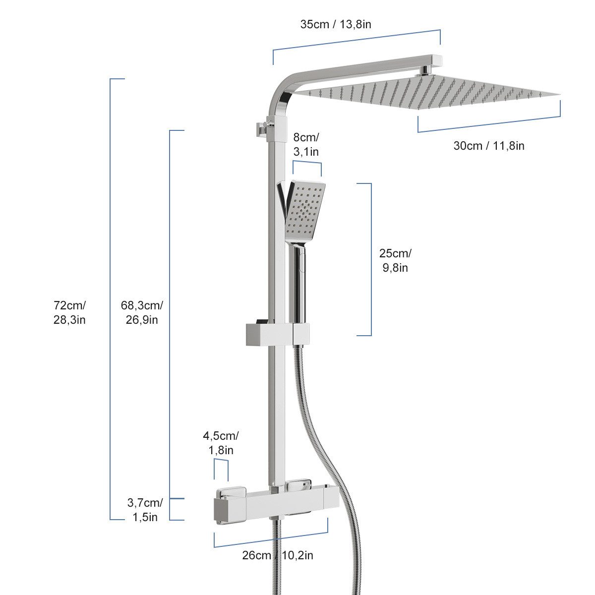 Eumaty Duschsystem mit Thermostat,30x30cm Regendusche, Edelstahl Duscharmatur Komplettset, Höhe 72 cm, 3 Strahlart(en), Regendusche mit Armatur, Verstellbarer Duschstange, Duschset
