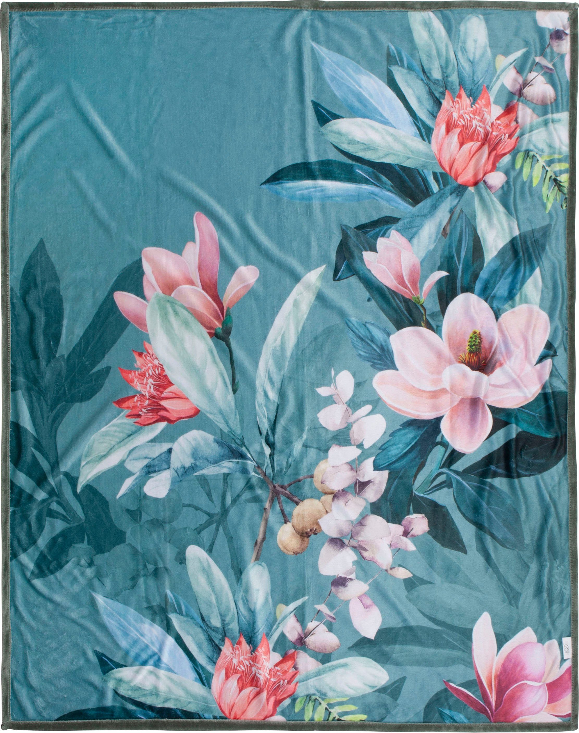 Plaid Parler, Descanso, Sehr Weich, Kuscheldecke, 130x160 cm, Wendeoptik, Blumen, Grün