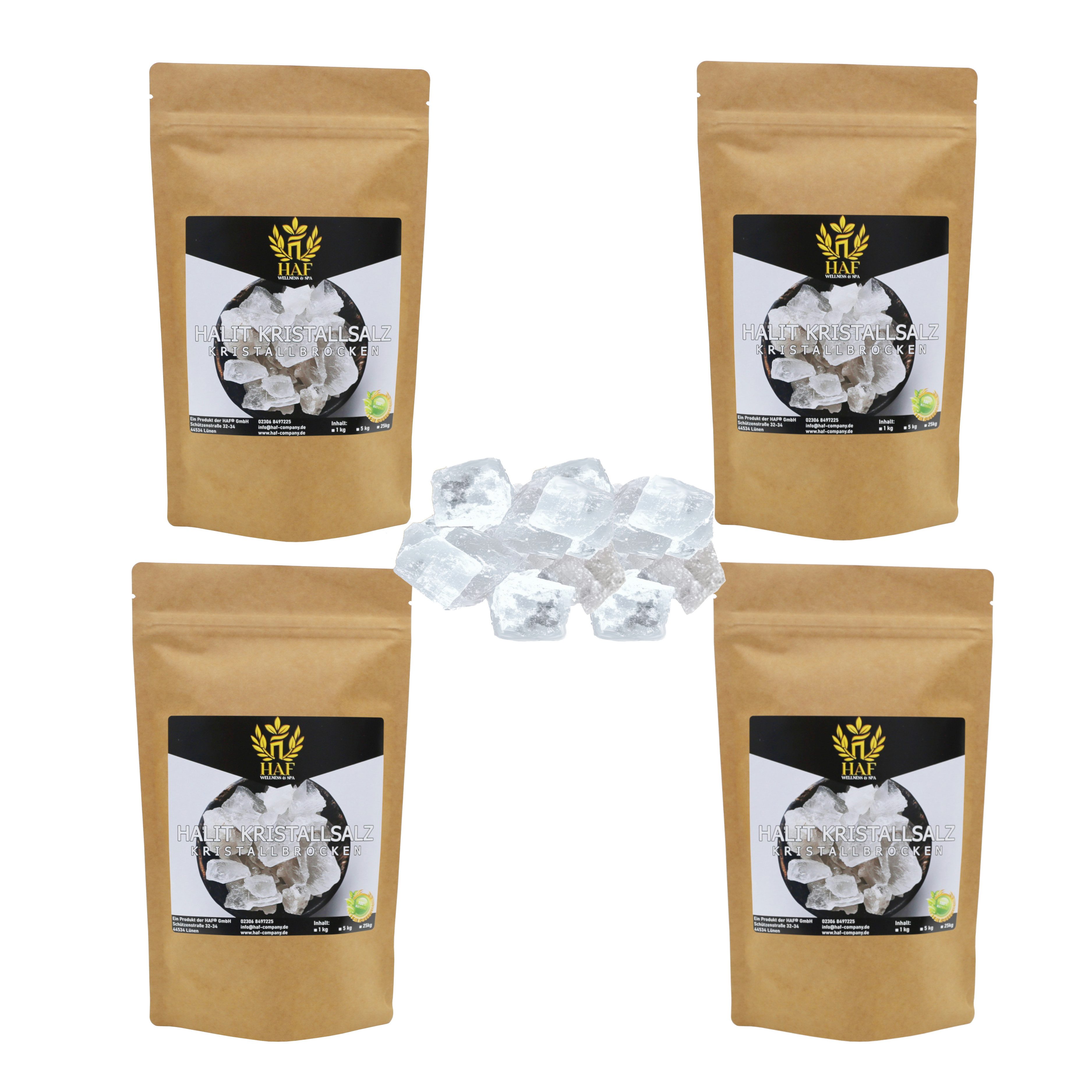 HAF Salzkristalle Weiße Halit Salzbrocken 1-25 kg Steinsalz Brocken grobes Salz 2-5cm, (Naturbelassen aus der Salt Range in Pakistan, 4 St., 4 x 1 kg im Beutel), Grobe Steinsalz Brocken ohne Zusätze