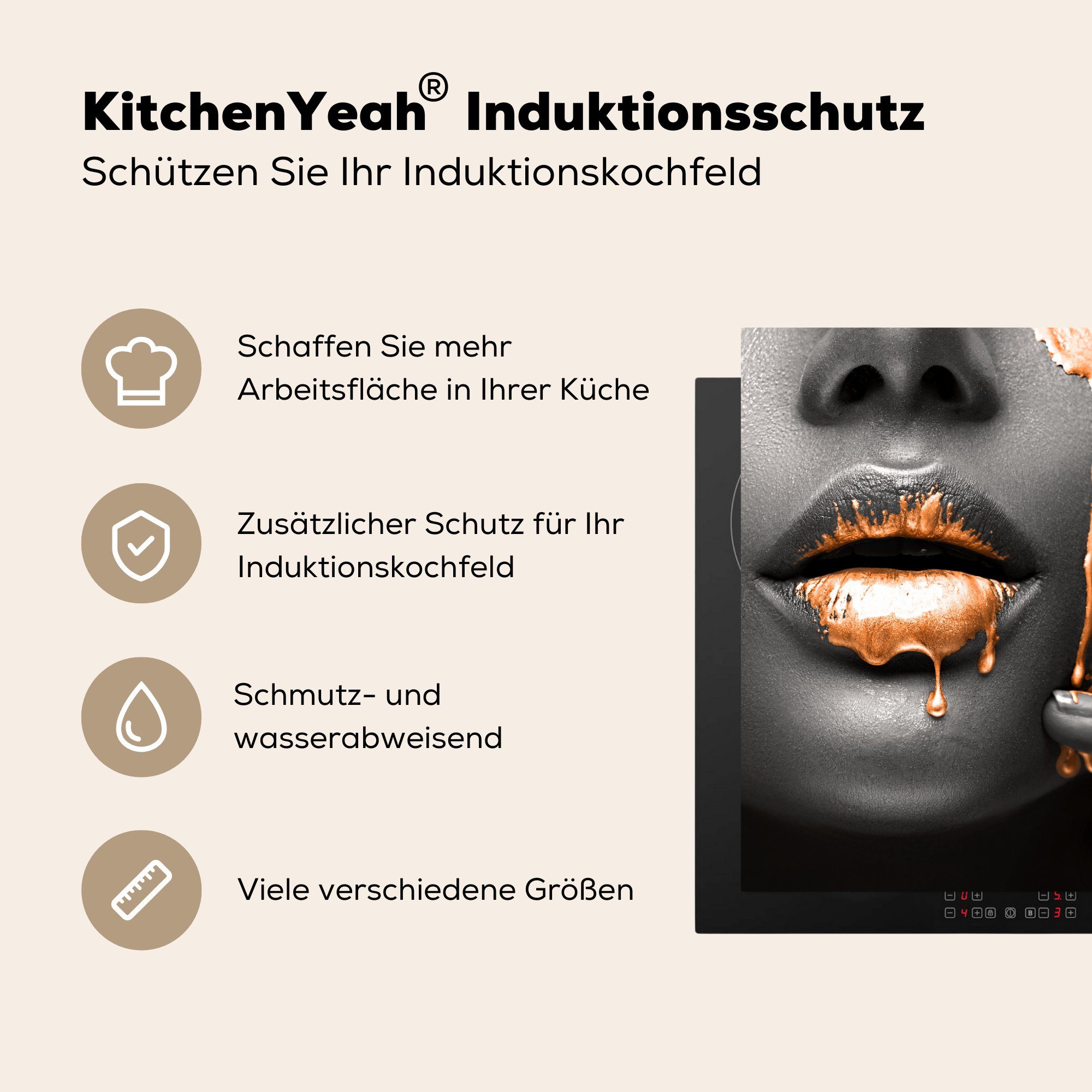 tlg), küche MuchoWow cm, 78x78 Arbeitsplatte - - Herdblende-/Abdeckplatte Orange für Vinyl, Lippen Schwarz, (1 Ceranfeldabdeckung,