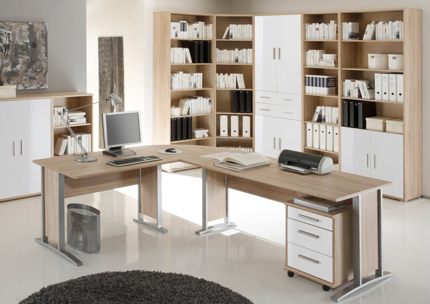 moebel-dich-auf Büromöbel-Set OFFICE LINE 220, (Komplett-Set, 5-tlg., Winkelschreibtisch mit Rollcontainer + Aktenschrank + 4 Aktenregale), in Eiche Sonoma / weiß