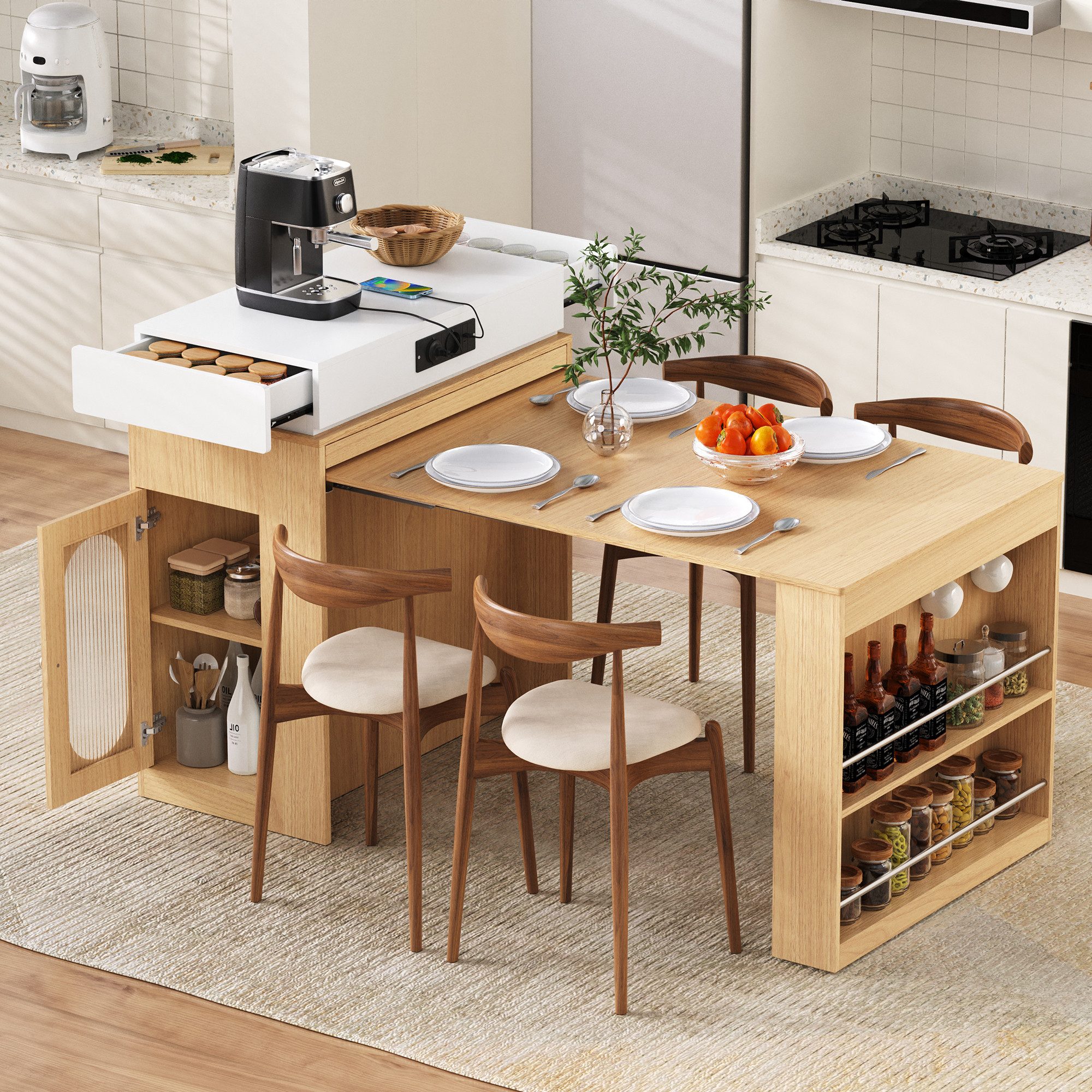 Odikalo Kücheninsel mit faltbarer Tischplatte Steckdosenleisten und Haken, (dient als Kücheninsel, Sideboard oder Bartisch für Küche und Esszimmer)