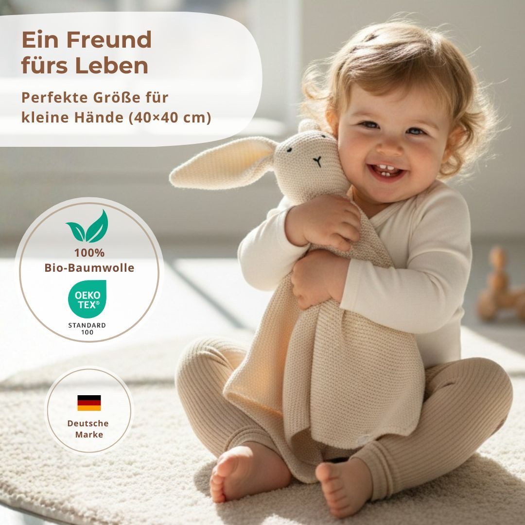 DIKOS Kuscheltuch SCHMUSE-Hase mit Söckchen 100% Bio-Baumwolle PREMIUM Geschenkset, (Strick-Set, Schnuffeltuch mit süßem Hasen - perfekt als erster Kuschelfreund), Geschenk zur Geburt, Babygeschenk, Erstausstattung Neugeborene