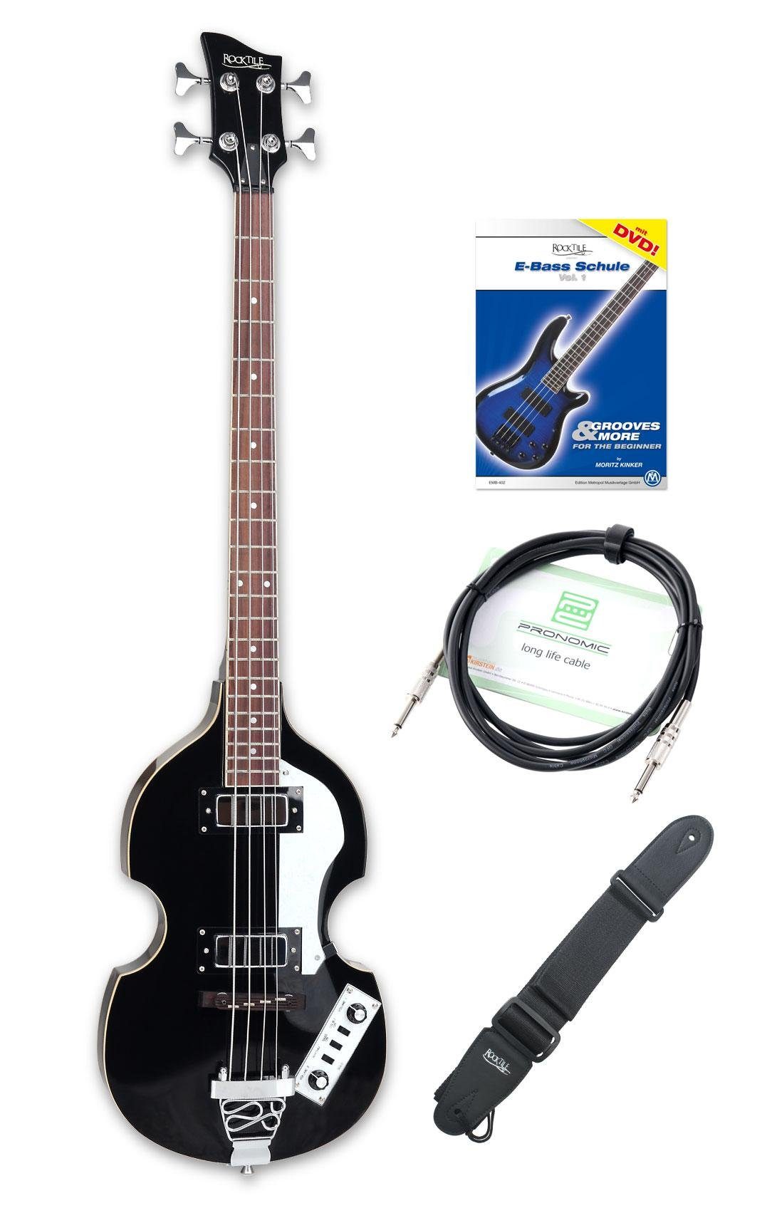 Rocktile E-Bass VB “Sir Paul” Vintage Beatbass, Violinbass-Design, Spar-Set, inkl. Tasche, Gitarrenkabel und Gurt, Bassgitarre - Hollowbody - 2 Humbucker