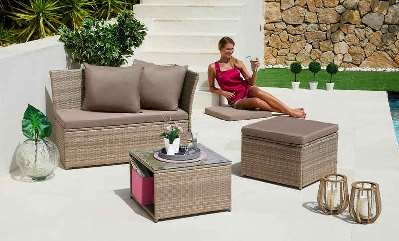 KONIFERA Gartenlounge-Set Marseille, (8-tlg), Sofa, Tisch 57x57 cm, Табурети, Polyrattan