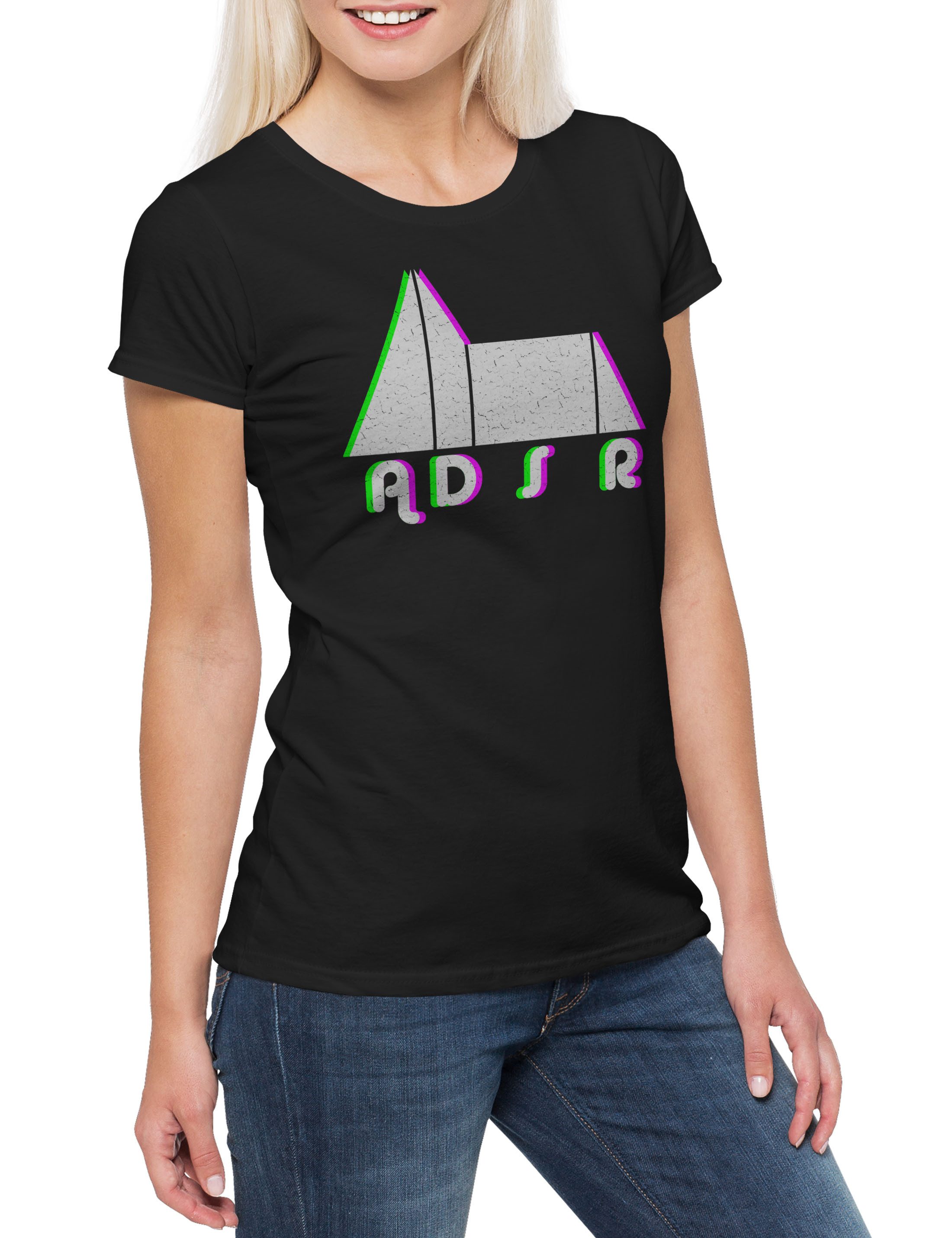 Print-Shirt Synthesizer ADSR Glitc Damen T-Shirt Electro Techno LFO Musik Music DJ
