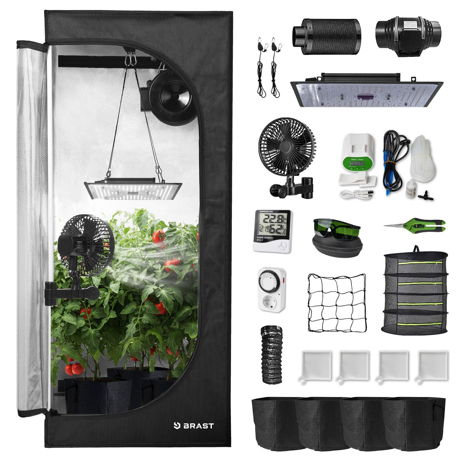 BRAST Gewächshaus Growzelt GrowBox, Komplettset inkl. Sonderzubehör, 3 Größen, Vollspektrum LED Technologie, licht & wasserdicht, Belüftungs- & Bewässerungssystem