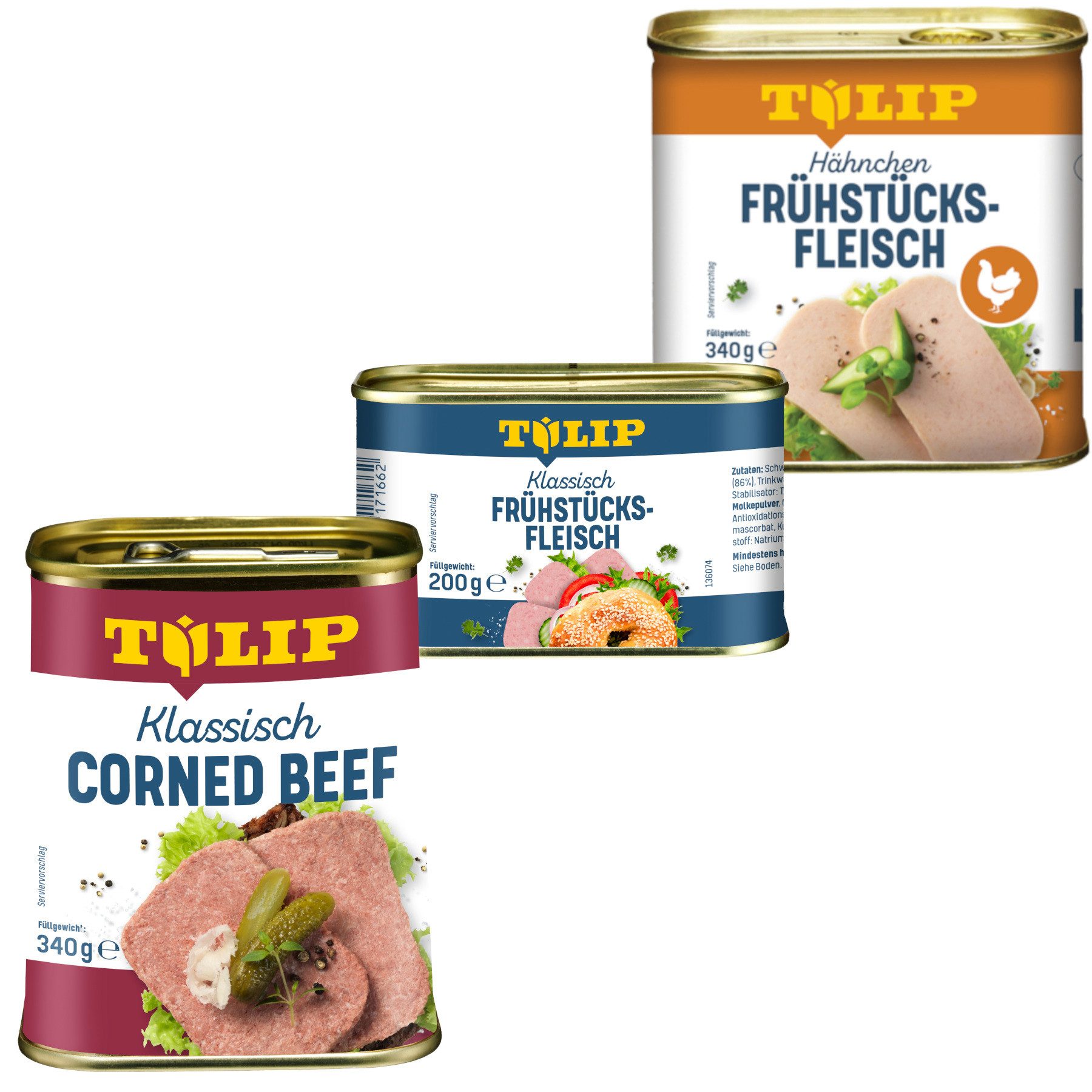 TULIP Wurstkonserve Frühstücksfleisch Corned Beef 340g + Hähnchen 340g + Schwein 200g, (Set, Corned Beef + Hähnchen + Schwein), Dänische Delikatesse