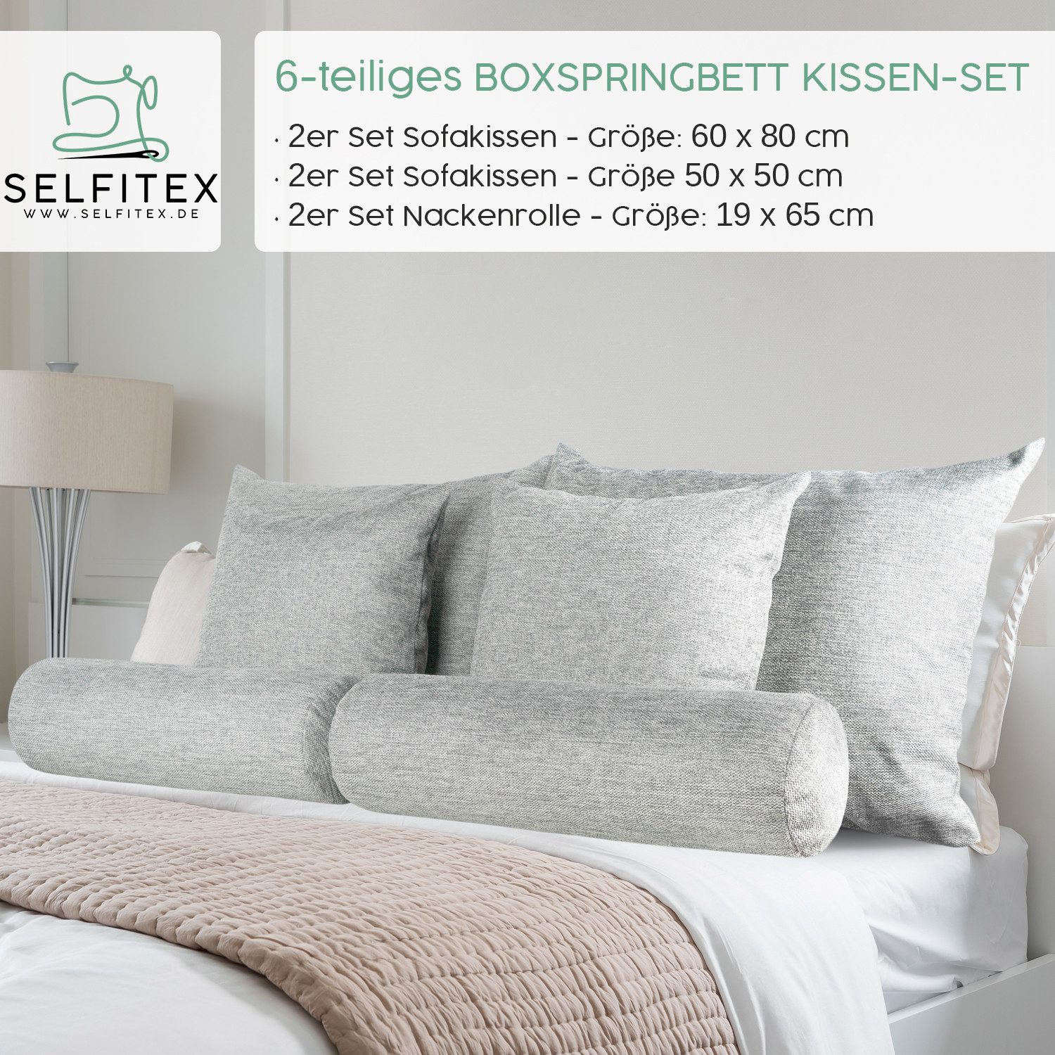 Selfitex Sofakissen 6-tlg. Kissen Set, 2x großes Kissen/2x kleines Kissen/2x Nackenrolle, (6er Set, 2x 60x80 cm, 2x 50x50 cm, 2x 19x65 cm), für Sofa, Couch, Bett oder als Polster jeglicher Art