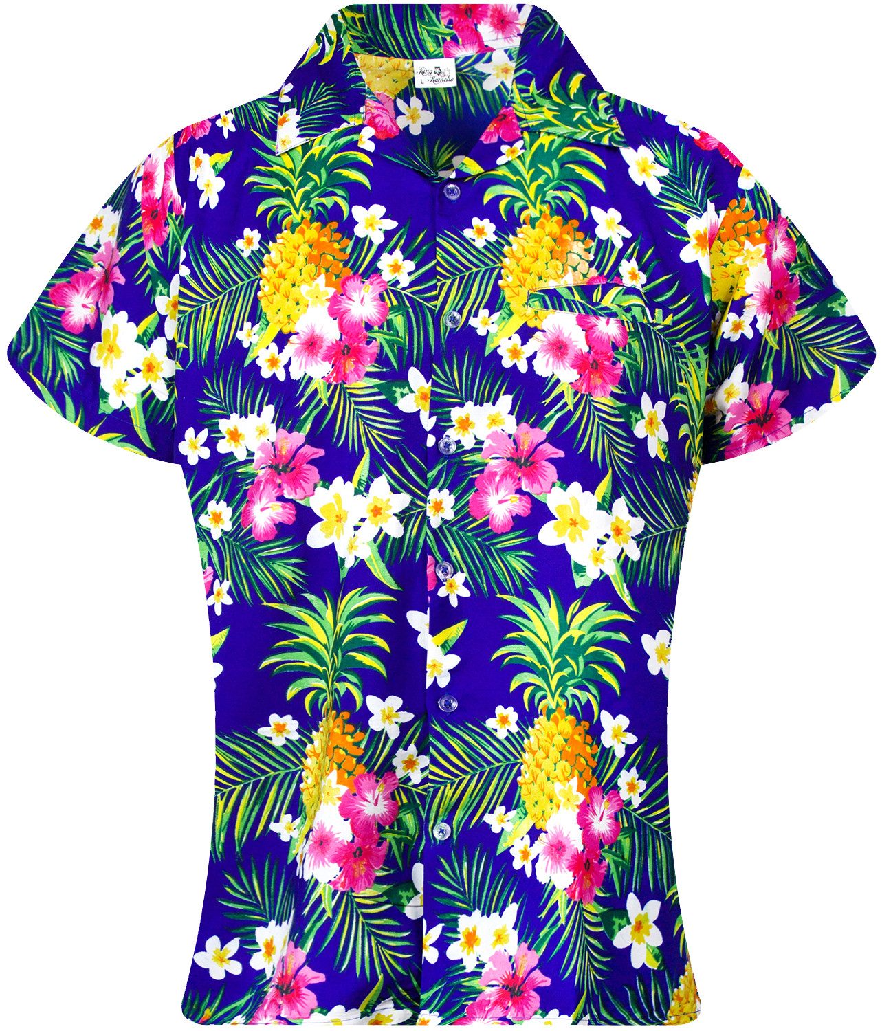 King Kameha Hawaiihemd Pineapple Flowers Funky Hawaiibluse Damen Kurzarm Front-Tasche Stylish