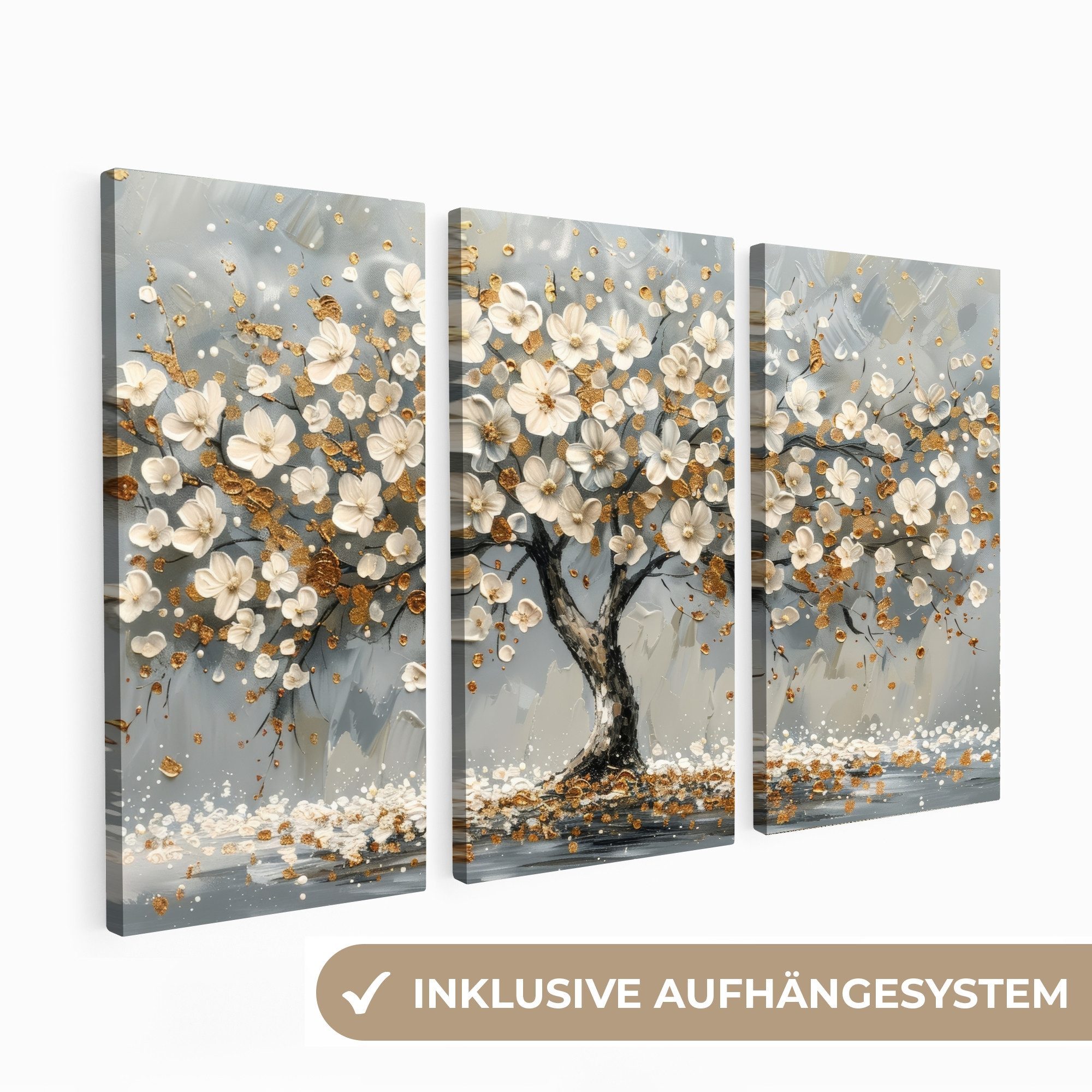 MuchoWow Leinwandbild Baum - Abstrakt - Weiß - Blüte, Fotodruck (3 St), Wan günstig online kaufen