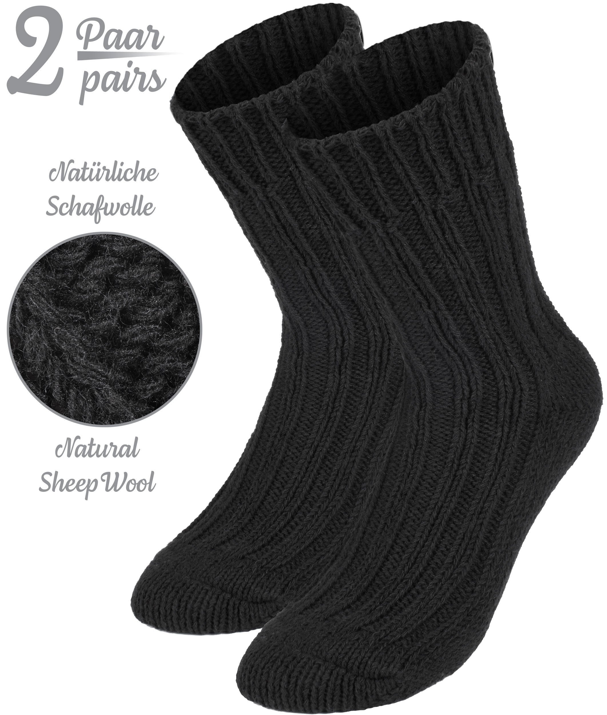 - Stricksocken Damen - Socken und Flauschig Warm und BRUBAKER Wintersocken mit Set Schafwolle Schwarz Thermosocken (2-Paar) für - Herren Winter Wollsocken