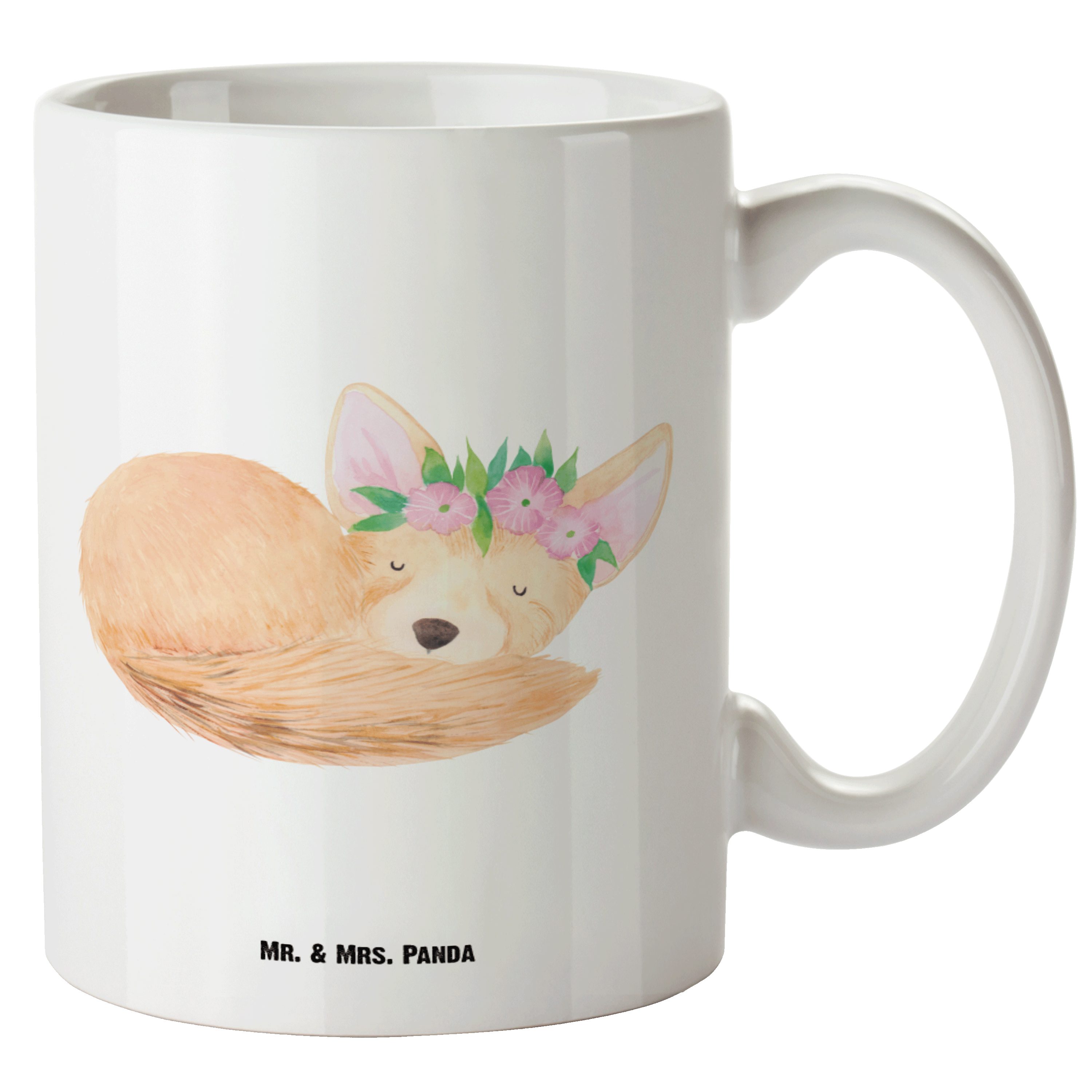 Mr. & Mrs. Panda Tasse Wüstenfuchs Blumenkranz - Weiß - Geschenk, XL Tasse, Afrika, spülmasc, XL Tasse Keramik