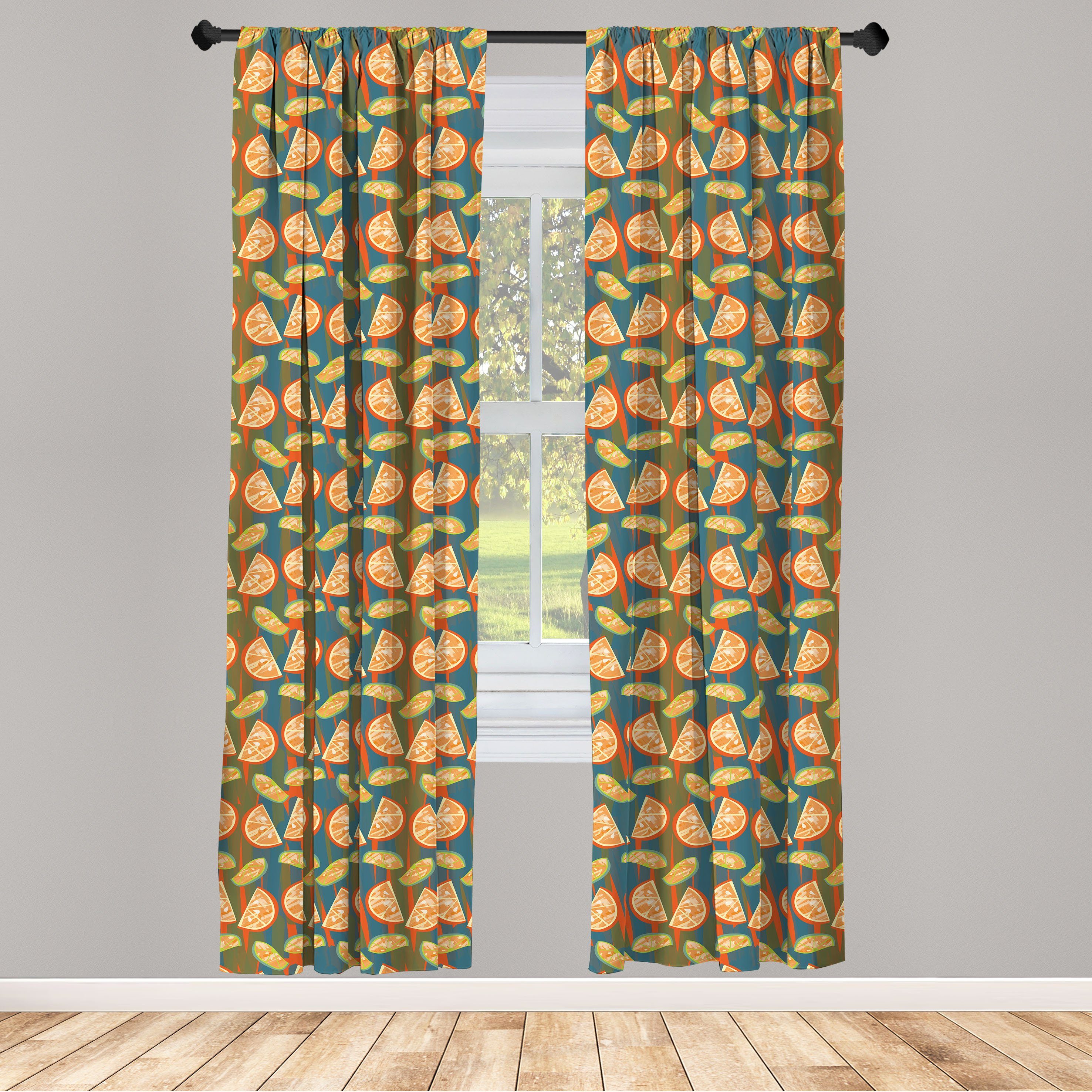 Gardine Vorhang für Wohnzimmer Schlafzimmer Dekor, Abakuhaus, Microfaser, Früchte Zitronenscheiben auf gestreiftem Zurück