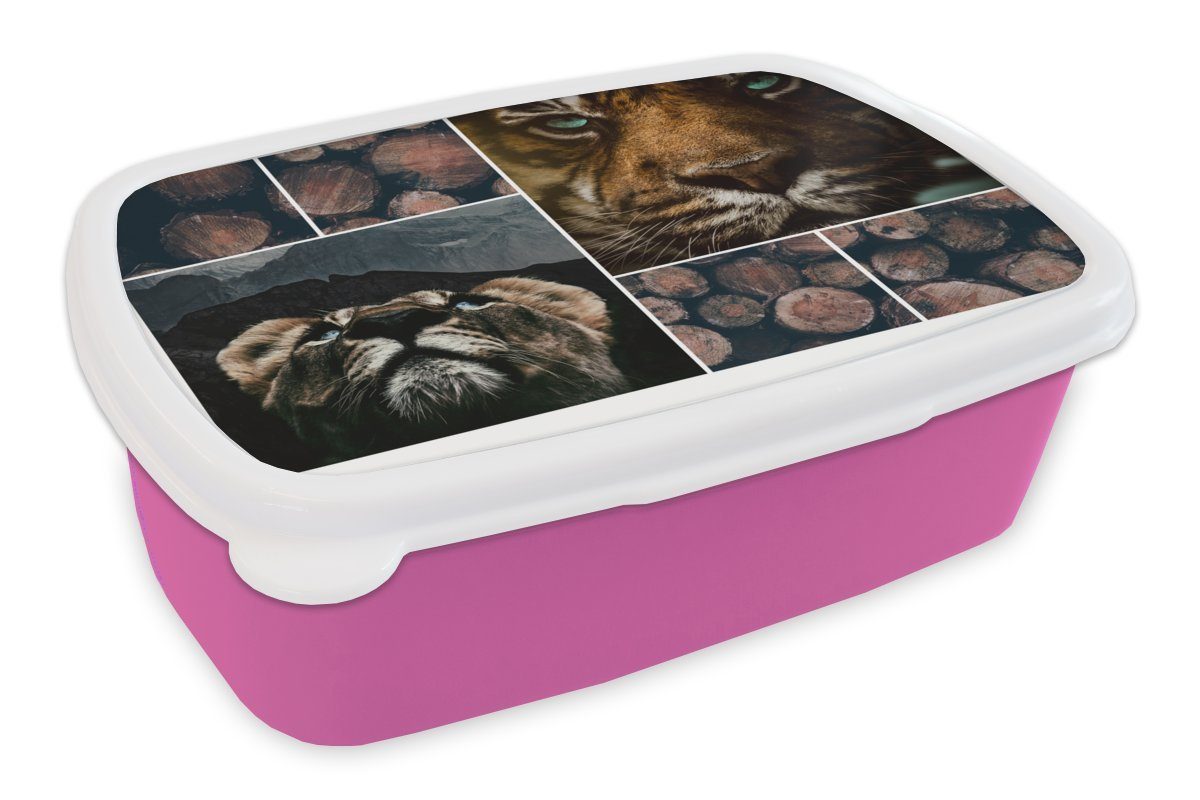 MuchoWow Lunchbox Collage - rosa (2-tlg), Kinder, Kunststoff, Tiger - Snackbox, Erwachsene, Mädchen, für Kunststoff Brotdose Brotbox Holz