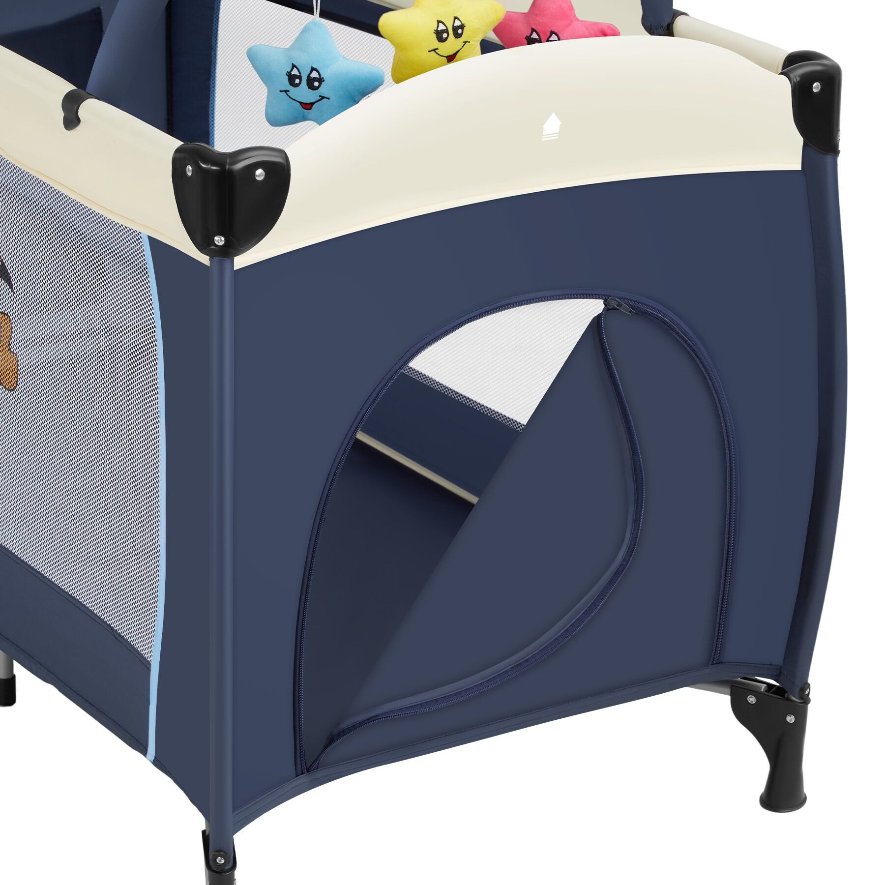 tectake Baby-Reisebett Kinderbett mit Wickelauflage und Transporttasche 132x75x104cm, mit großen Mesh-Einsätzen, Wickelauflage und Seiteneingang in blau