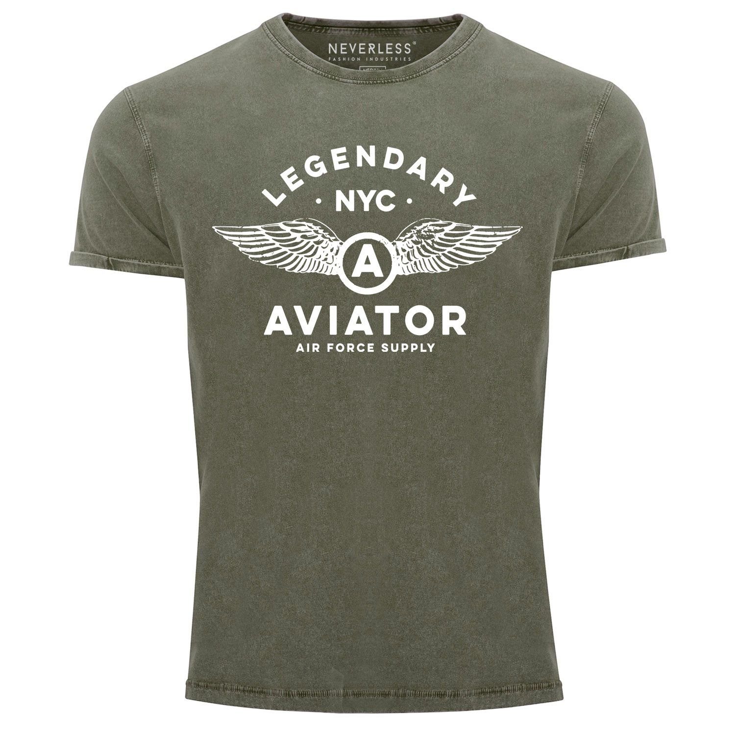 Neverless Print-Shirt Herren Vintage Shirt Legendary NYC Aviator Air Force Luftwaffe Flügel Printshirt Used Look Slim Fit Neverless® mit Print oliv