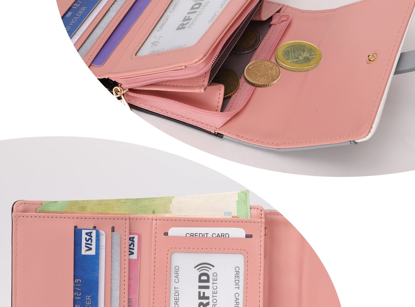 WISHDOR Geldbörse Damen Handytasche mit Weich Wallet, 10.5 Beige/Weiß/Pink Kartenfächer, 3.5cm geldbörse Handtasche Brieftasche Slim Münzfach (Frauen Kurz Kartenetui, Geldbeutel NFC mit x Kartenhalter), Groß 5 Kreditkartenetui, Portemonnaie RFID-Schutz x 9.5 Kunstleder Portmonee