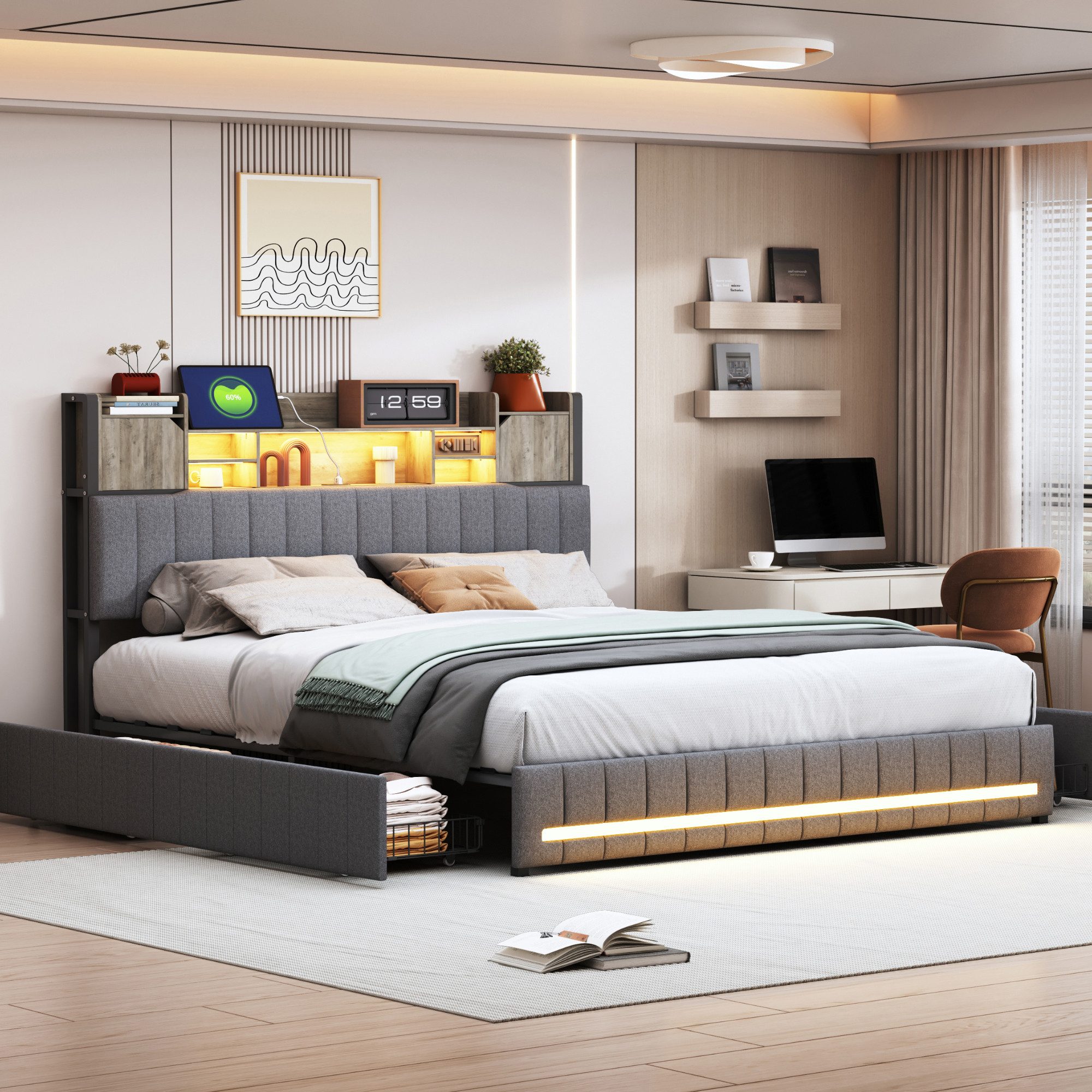 Furnishings Home Polsterbett Stauraumbett Doppelbett LED (1 tlg, Mit Vier e günstig online kaufen