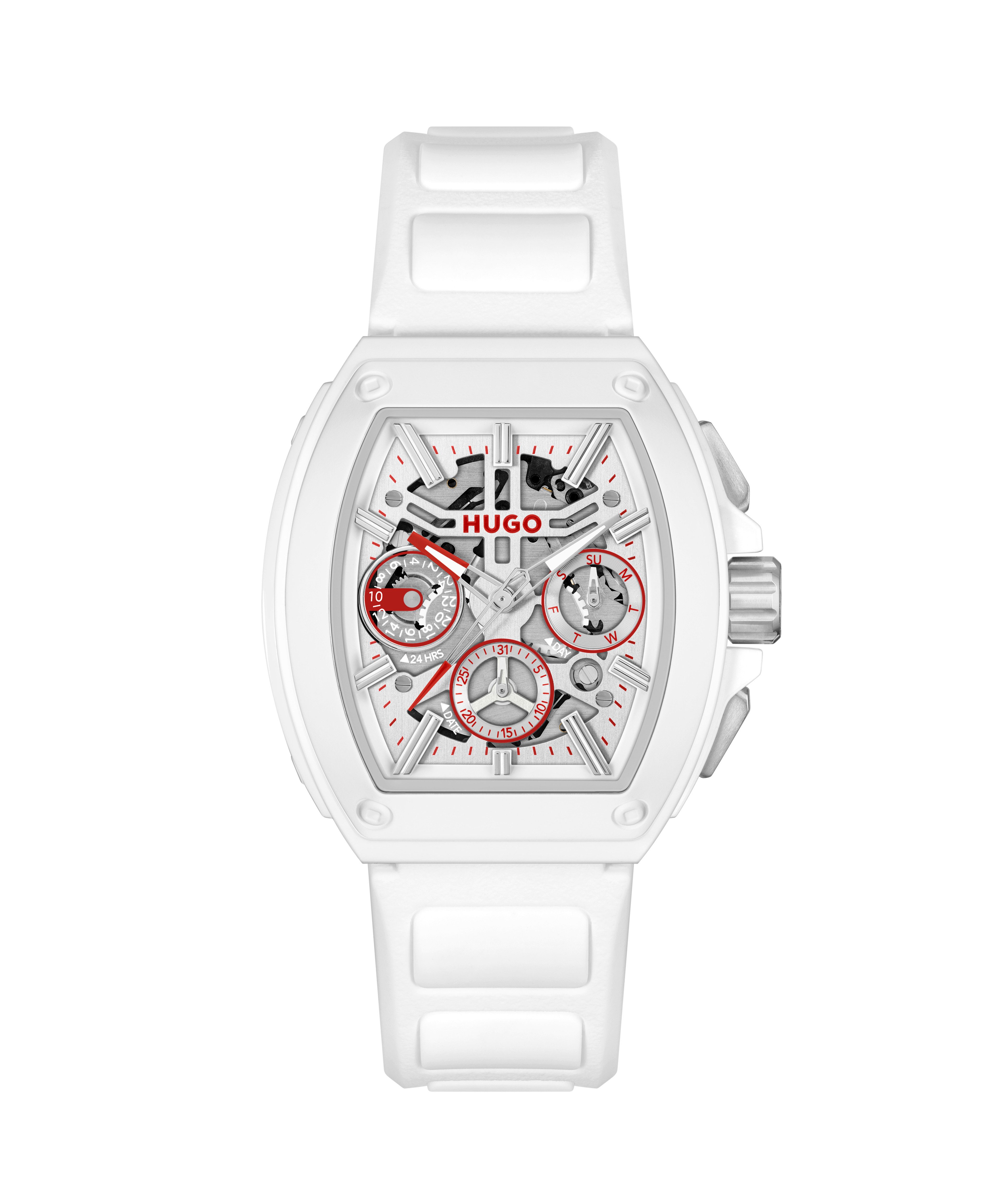 HUGO Multifunktionsuhr #HUGO ID SKELETON 1530445, Quarzuhr, Armbanduhr, Herrenuhr, Silikonarmband, analog