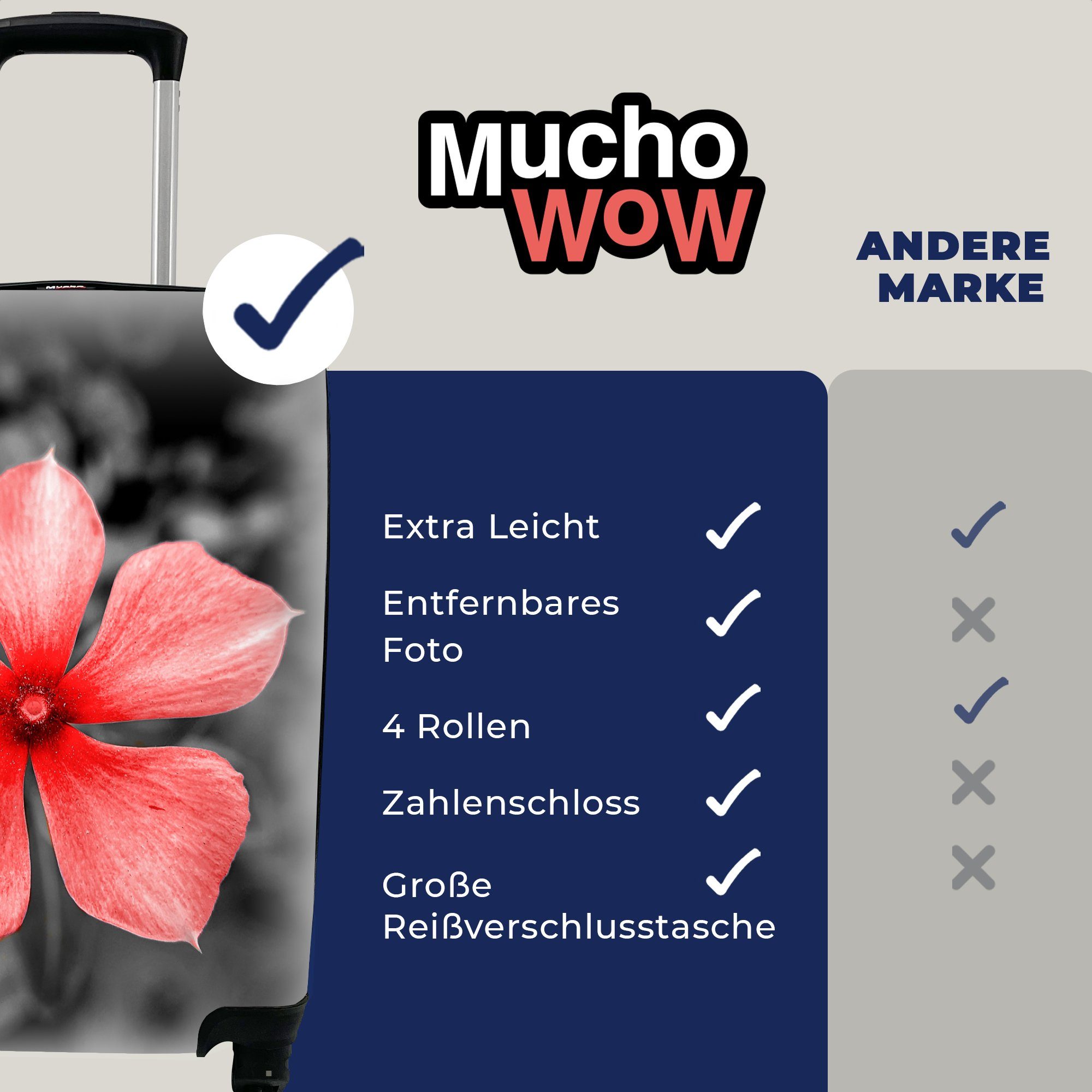 Rollen, für Blumen - Reisetasche mit Handgepäck rollen, 4 - Rot Reisekoffer Ferien, - Trolley, MuchoWow Weiß, Schwarz Handgepäckkoffer