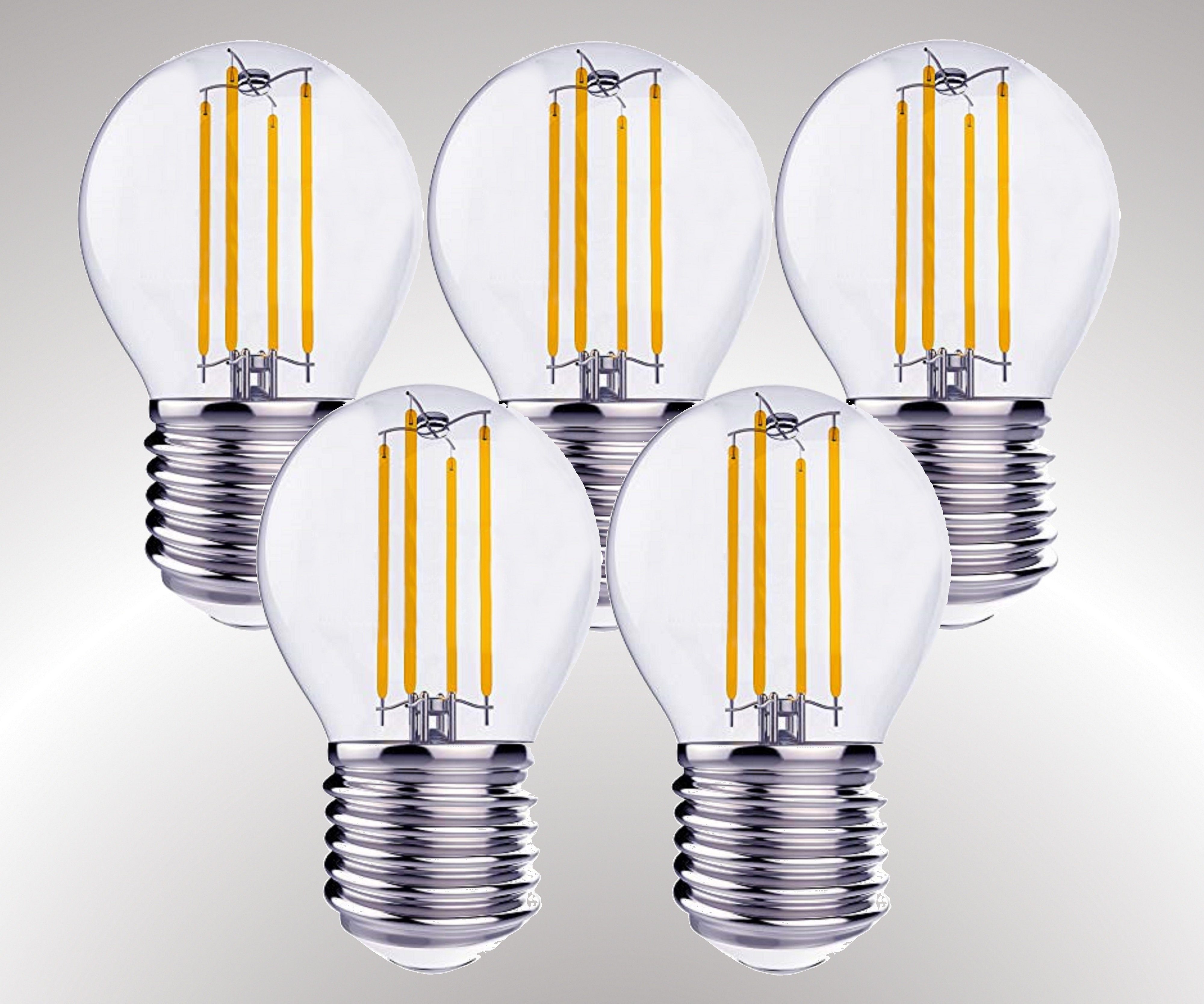 TRANGO LED-Leuchtmittel, 5er Pack E27004-5 LED Filament Birne 4 Watt 350 Lumen - 2700K warmweiß - Ersatz für 40W Glühlampe - Glühbirne - Lampe in Tropfen Form mit E27 Fassung Abstrahlwinkel 360°, 5 St.
