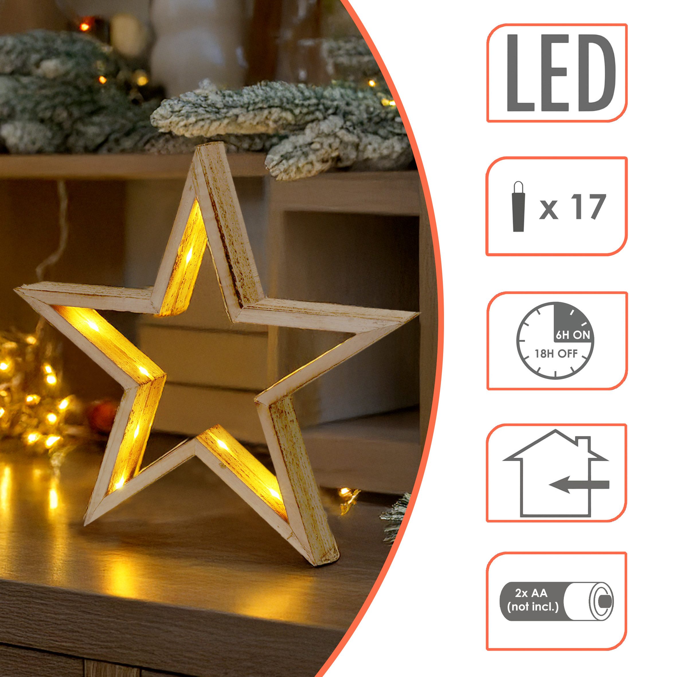 Spetebo LED Dekofigur Stern aus Holz, Batterie betrieben, LED fest integriert, warm weiß, mit Timer Funktion