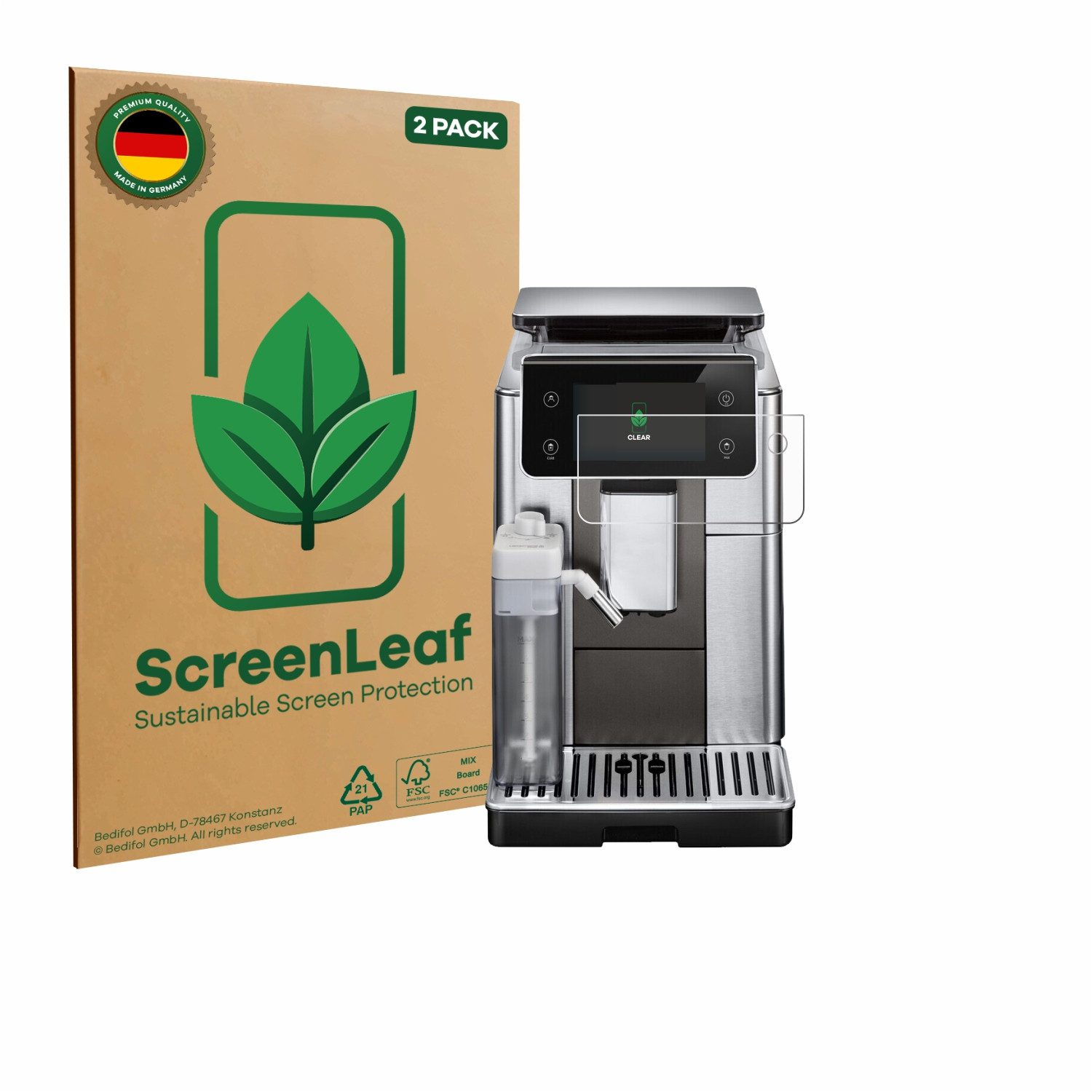 ScreenLeaf Displayschutzfolie Schutzfolie für DeLonghi PrimaDonna Aromatic ECAM630.75.TSM, 2 Stück, nachhaltiger Displayschutz Schutz Folie Klar Transparent