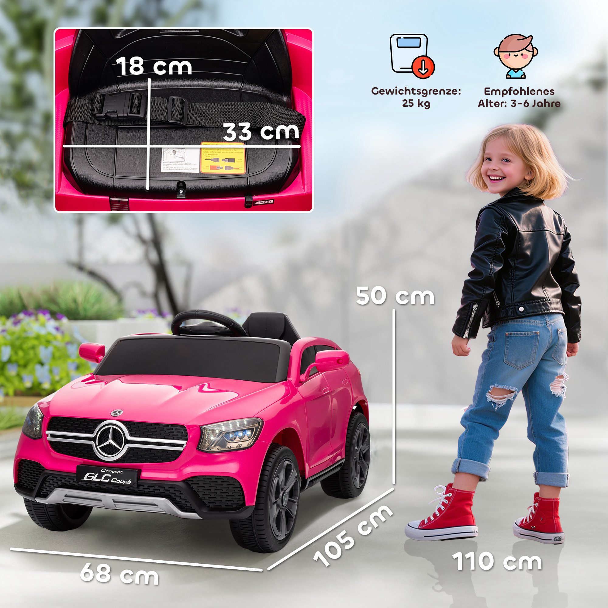 AIYAPLAY Elektro-Kinderauto Merceds-Benz AMG GTR Kinderauto mit 2,4G Fernbedienung, Hupe, Belastbarkeit 25 kg, (1-tlg), für 3-6 Jahre Kinder, Rosa
