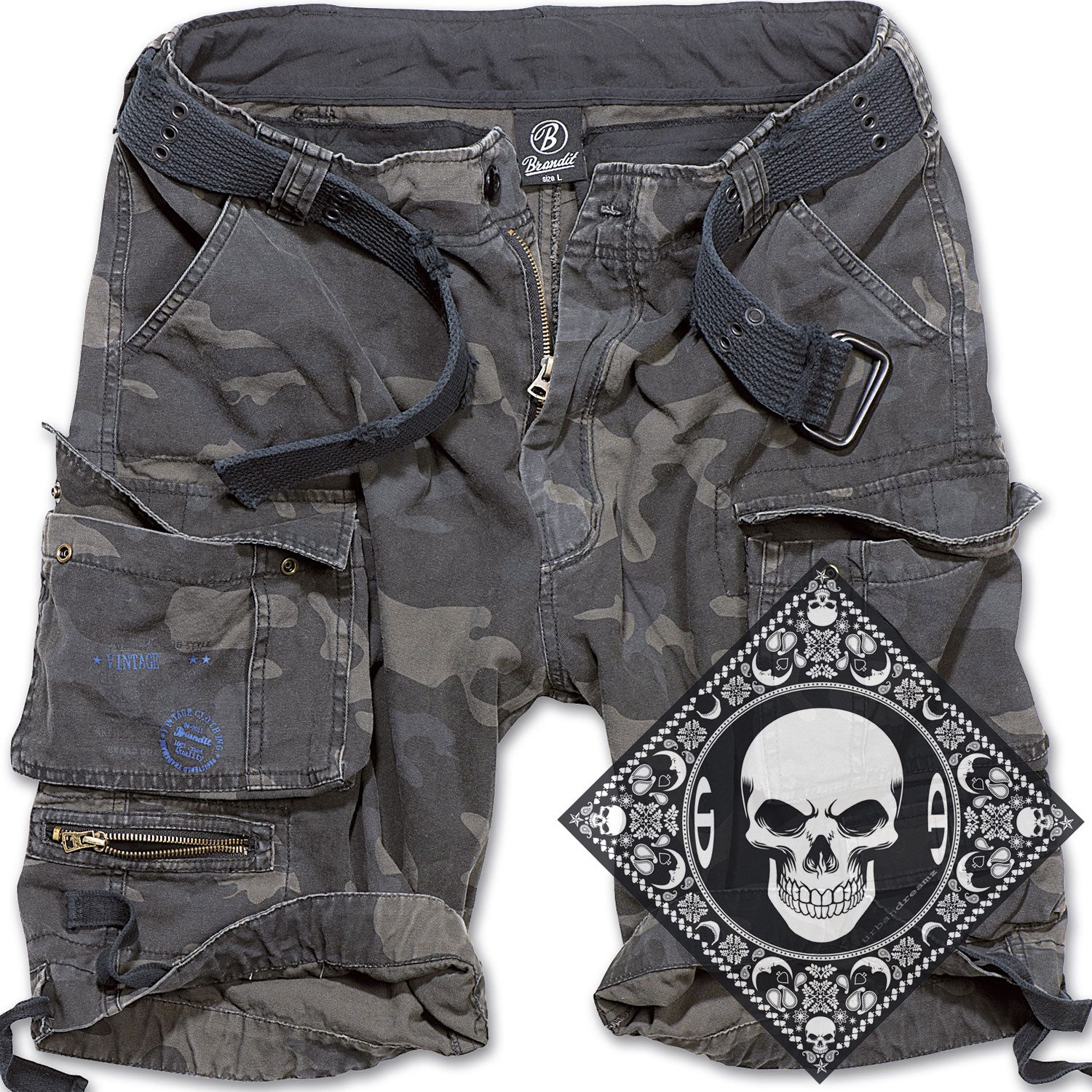 Brandit Cargoshorts Cargo Shorts kurze Hose robust schwere Qualität mit UD Bandana