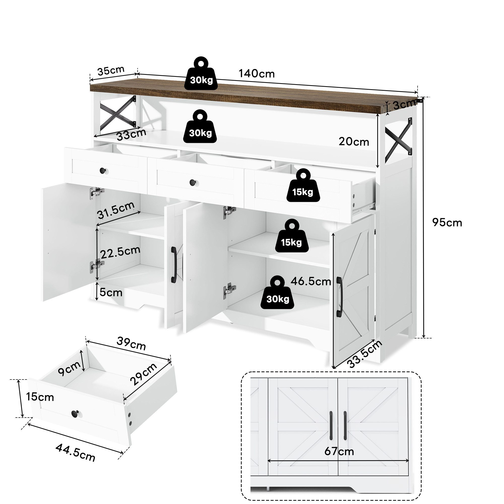 Flieks Kommode mit 3 Schubladen und 4 Türen (1 St., B140/T35/H95 cm), Sideboard mit verstellbare Einlegeböden Wohnzimmerschrank Küchenbuffet – Bild 4 von 5