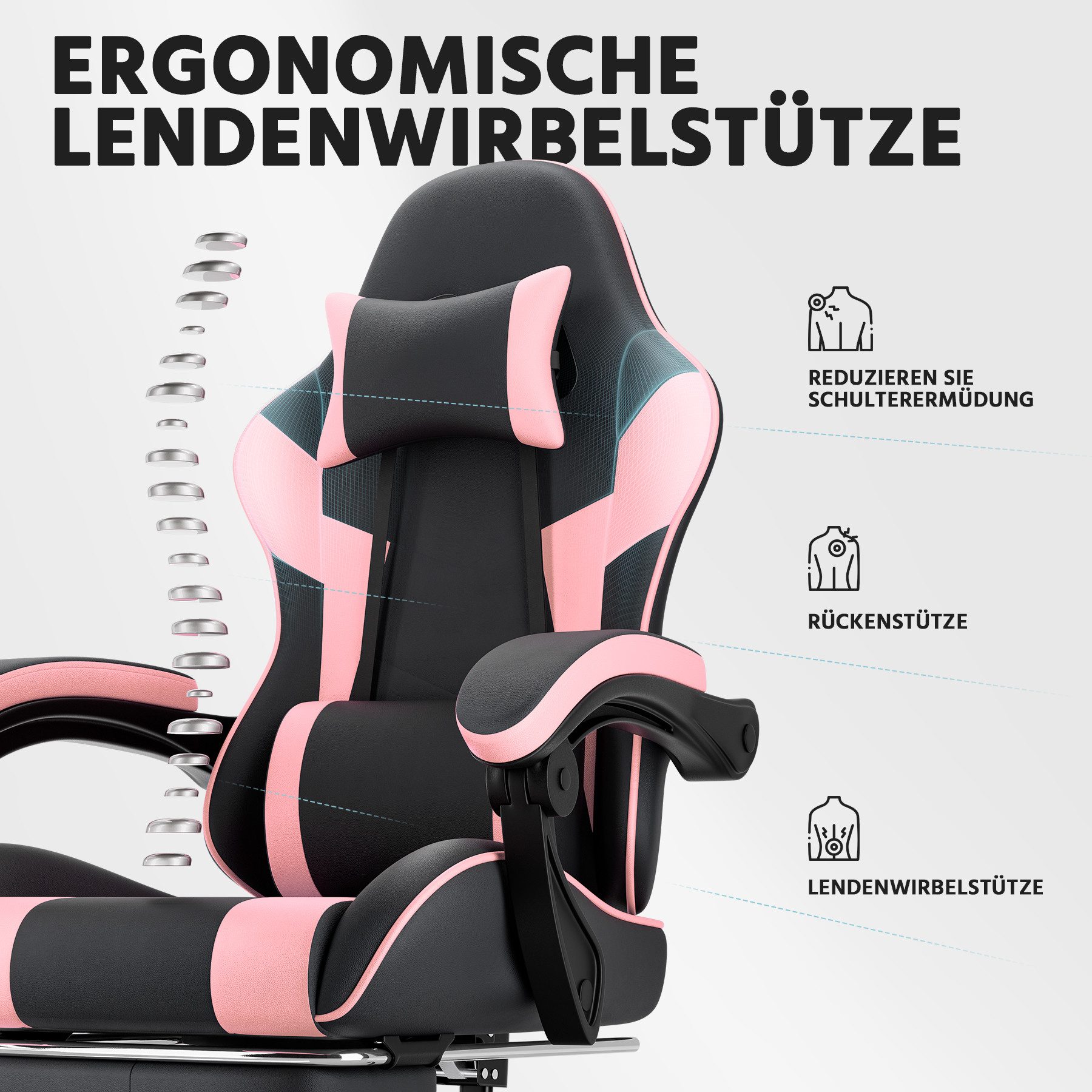 GLP Gaming-Stuhl Ergonomisch (Set), Bürostuhl mit Fußstütze, Kopfkissen & Synchronarmlehnen