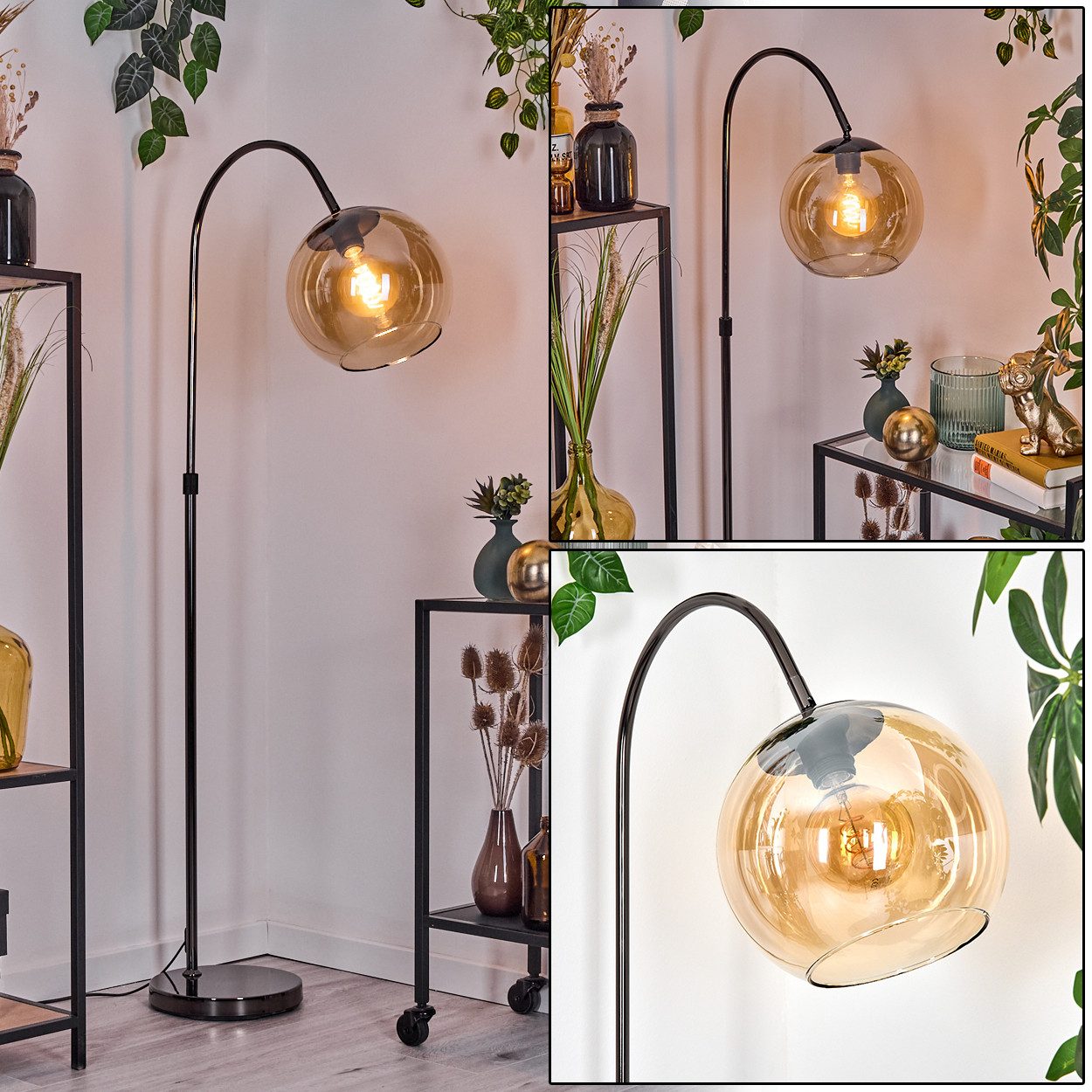 Stehlampe Stehlampe aus Metall/Glas in Schwarz/Chrom-/Bernstein im Retro-Design