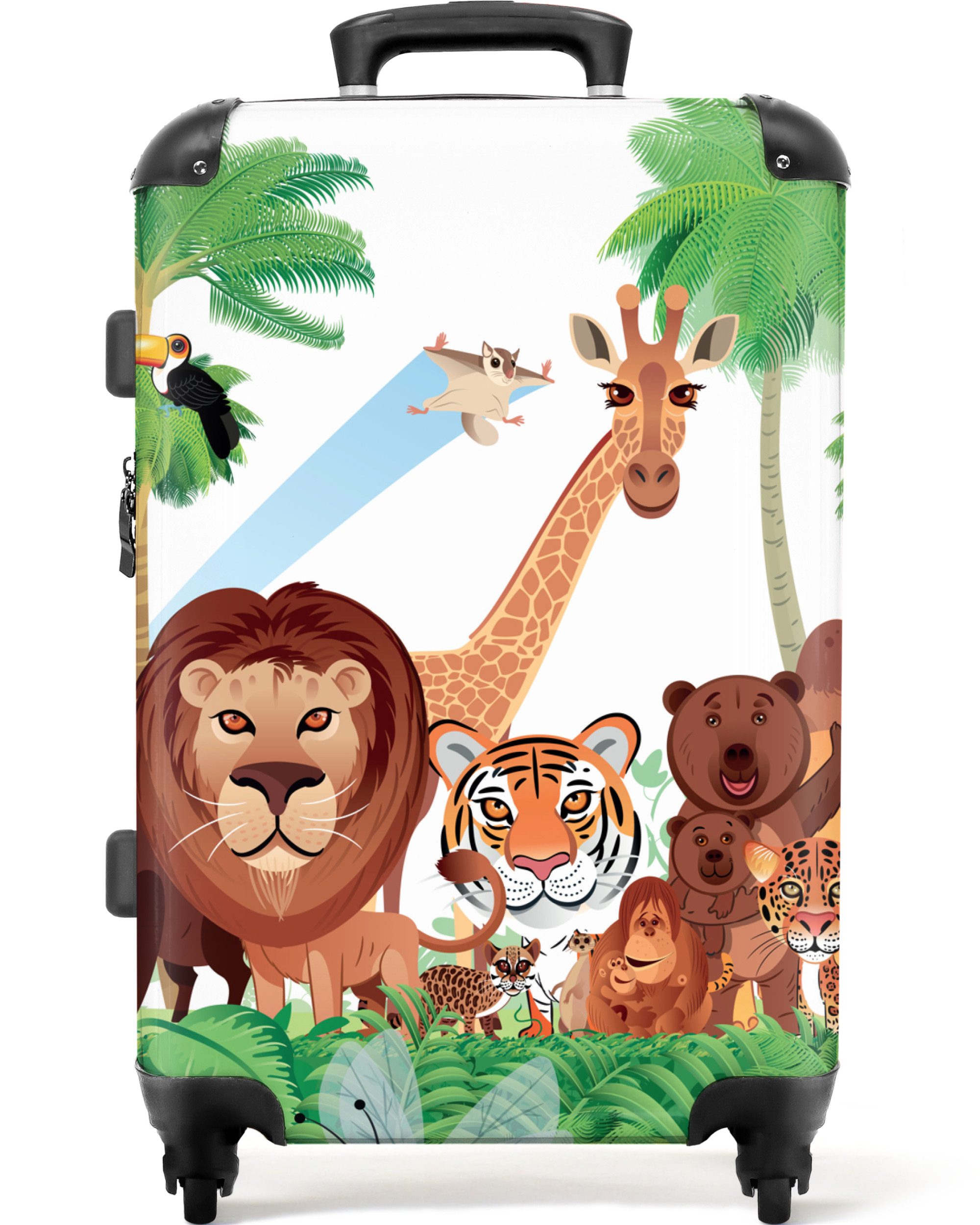 NoBoringSuitcases.com© Kinderkoffer mit leuchtende Räder - Wilde Tiere - Dschungel - Löwe - Tiger - Mädche, 4 Rollen, Mittelgroßer Reisetasche mit Rollen für 20kg, Kinderkoffer