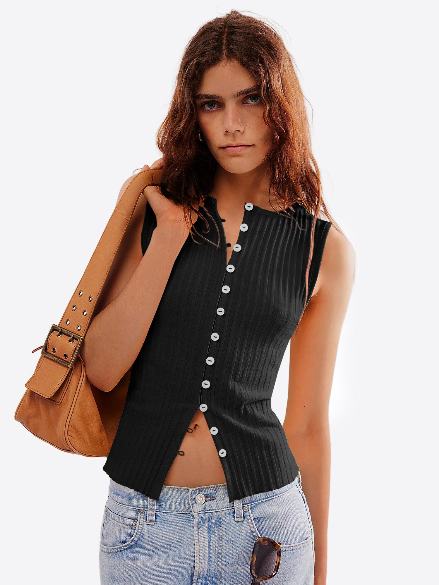 Imily Bela Strickweste Damen Knopf-Weste in kurz geschnitten (Packung, 1-tlg., 1per-Pack) figurumspielend