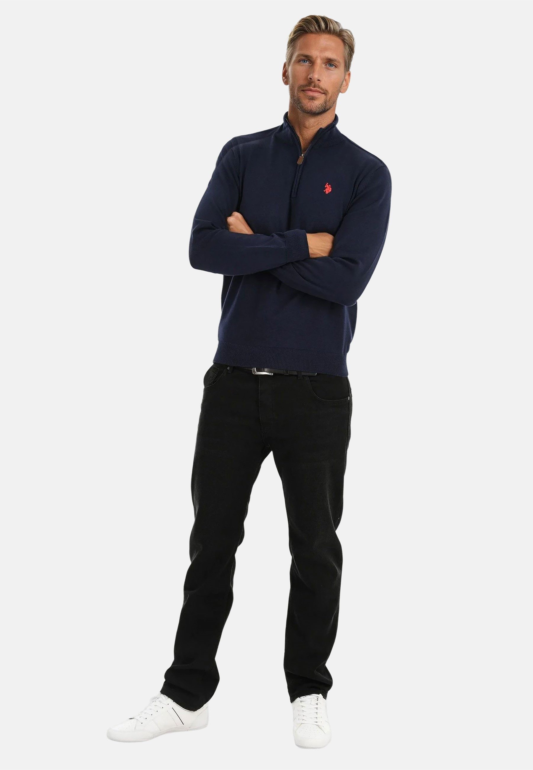 U.S. Polo Assn. Stehkragenpullover USKnooxx – Herren Half-Zip Strickpullover Baumwoll-Viskose-Mix, weiche Qualität und sportiver Look