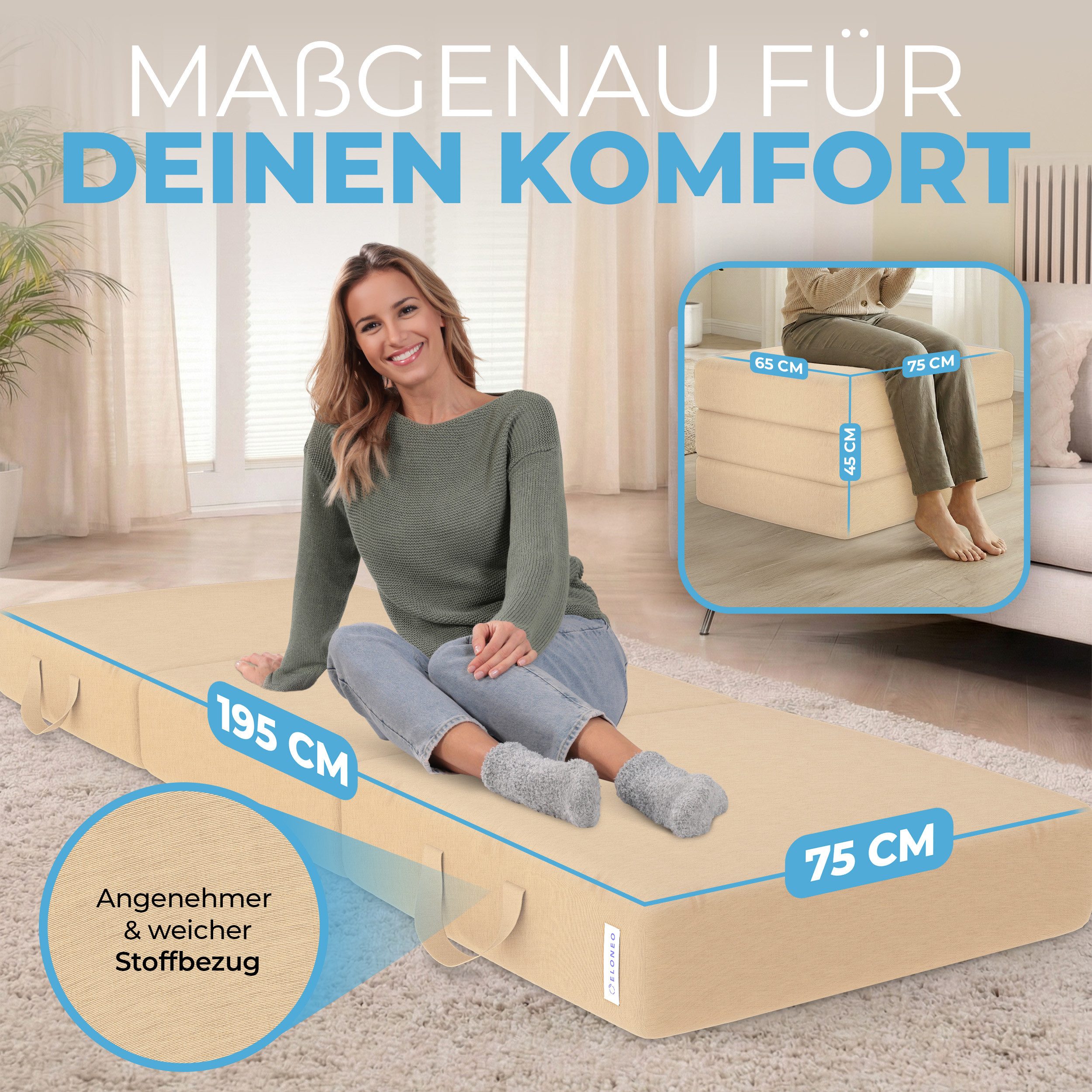 Klappmatratze 3-teilig, Gästematratze mit extra dickem Schaumstoff, ELONEO, 15 cm hoch, waschbarer Bezug, geeignet für Hausstauballergiker, schadstoffgeprüft