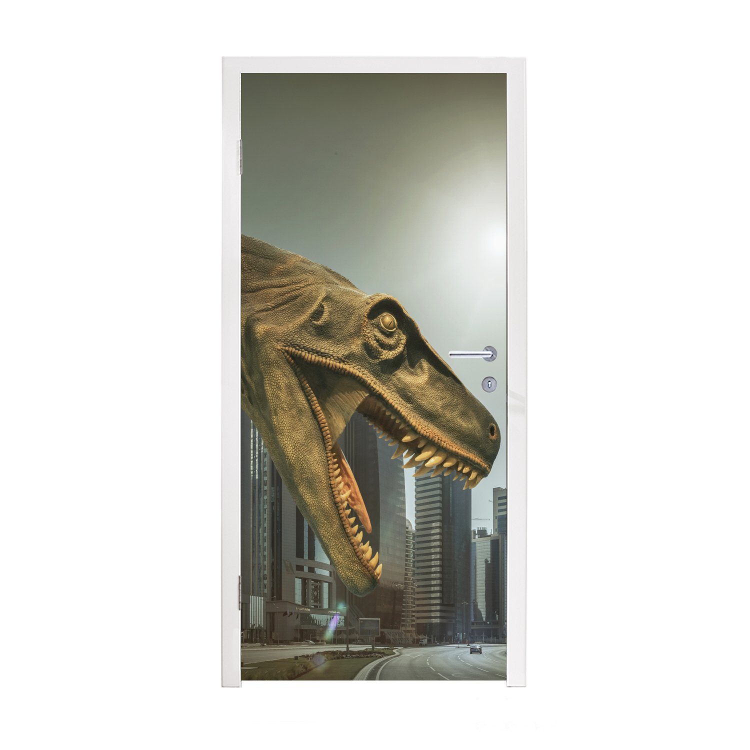 MuchoWow Türtapete Dinosaurier - Stadt (1 St), Fototapete Matt, Türaufkleber, bedruckt, - Tür, cm Kopf, für 75x205