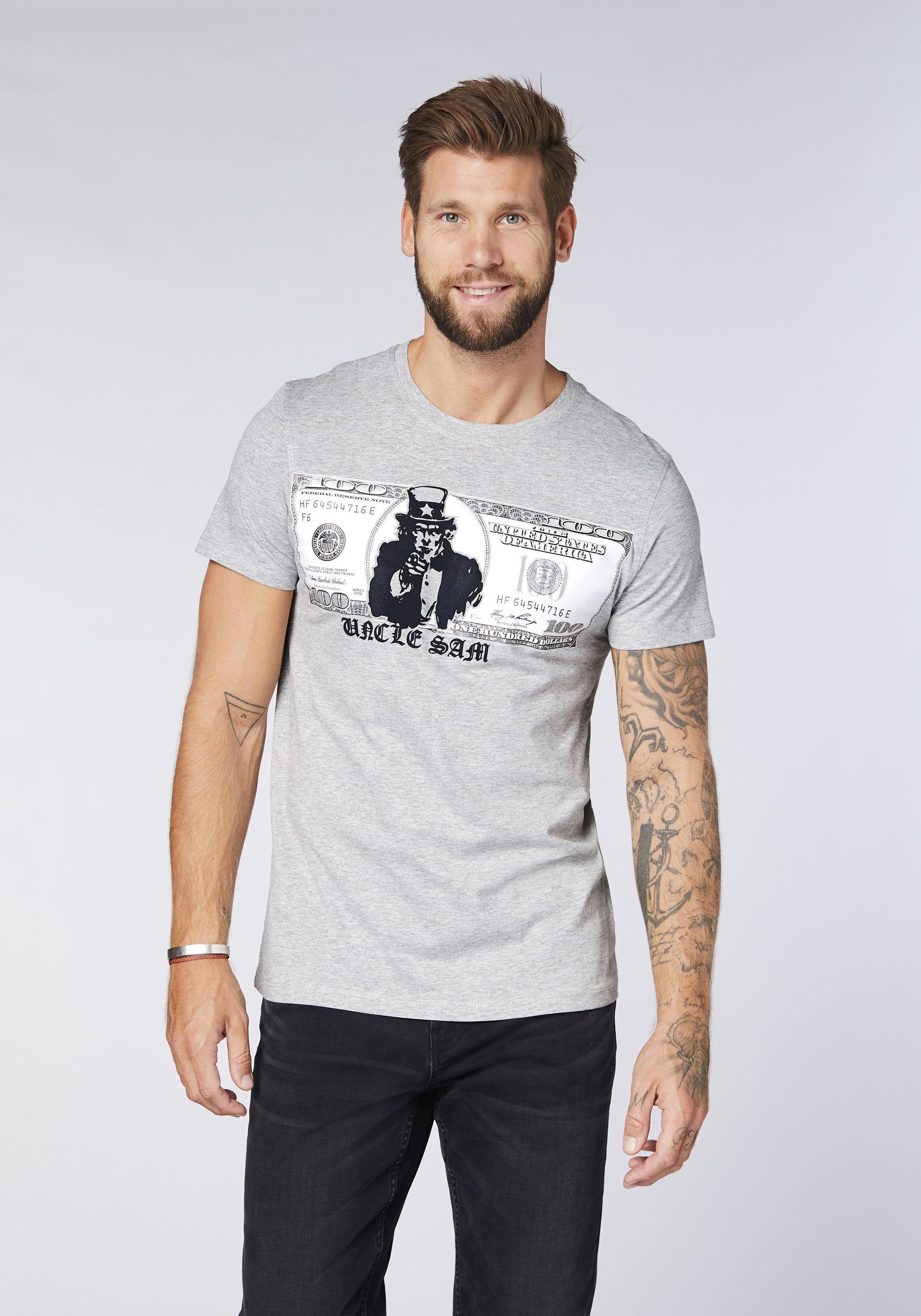 Uncle Sam Print-Shirt mit Melange Gray 17-4402M Neutral Frontprint