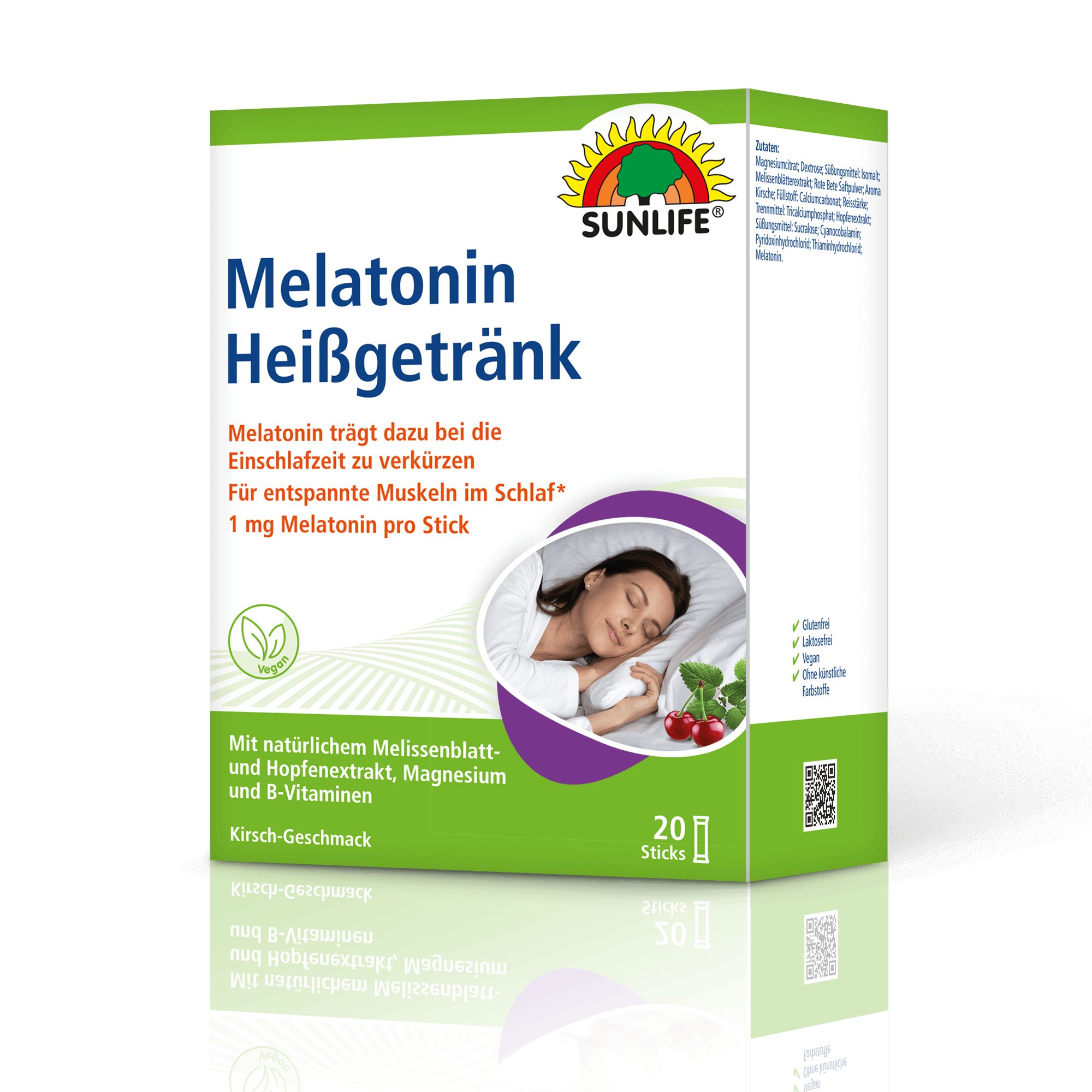 SUNLIFE SUNLIFE® Melatonin Heißgetränk Kirschgeschmack zum Einschlafen Vor dem Schlafengehen den Inahlt eines Sticks mit 150 ml heißem oder kaltem Wasser übergießen, umrühren und trinken