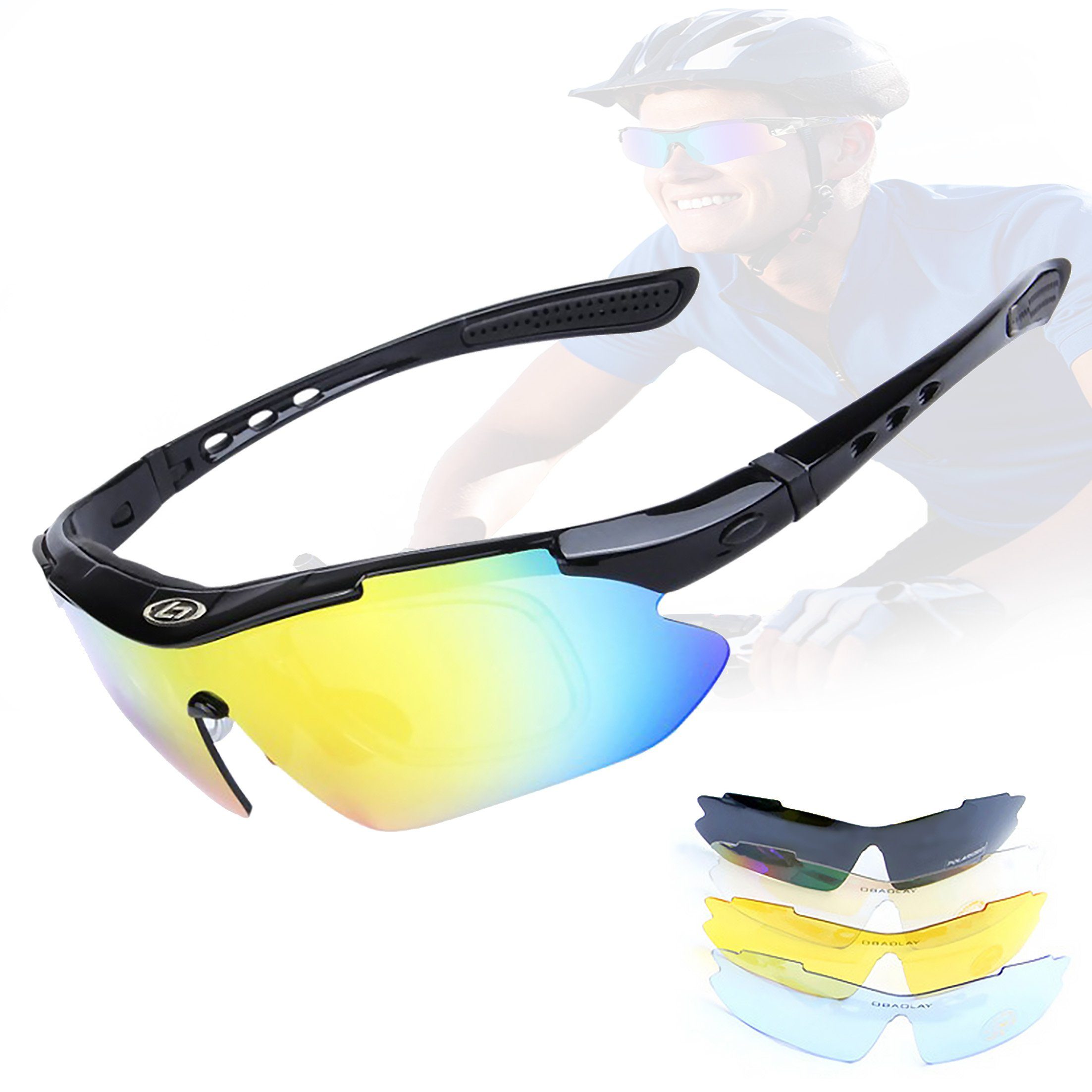 Sonnenbrille, Sportbrille, Fahrradbrille Radsportbrille, Männer Gläsern für 4 austauschbaren und Schwarz-glänzend Radsportbrille, mit KINSI Frauen UV-400-Schutz polarisierte