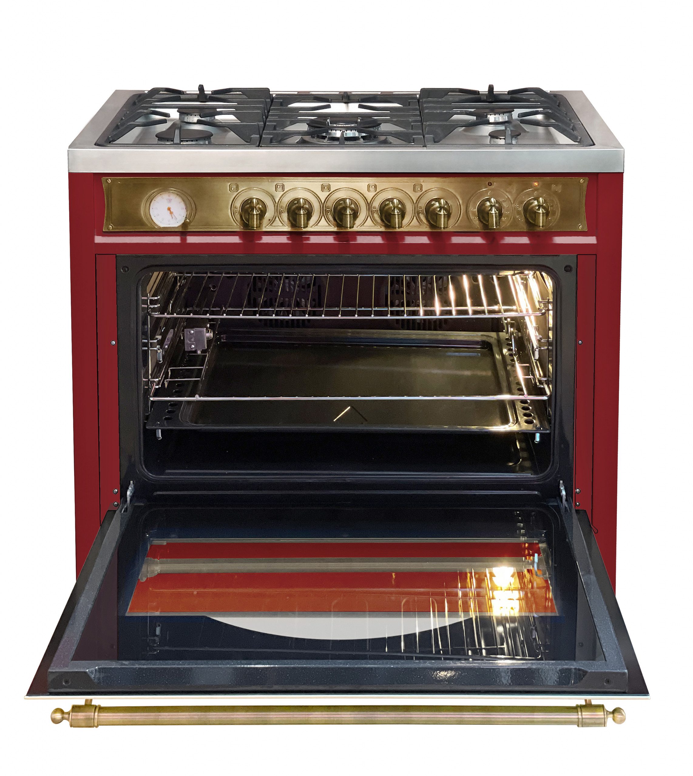 Kaiser Küchengeräte Gas-Standherd Retro Gasherd 90 cm mit Elektrobackofen 115 L, Drehspieß, Heißluftsystem, Infrarotgrill HGE 93555 RotEm., mit 1-fach-Teleskopauszug, Katalytische Selbstreinigung, Herd Freistehend, Range Coocker, Wokbrenner 4,5 kW, Erdgas\Propangas