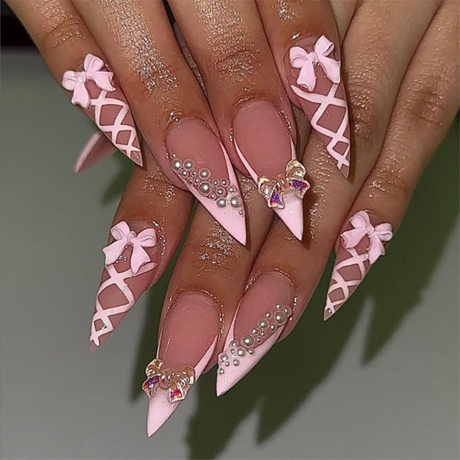 LuxusKollektion Kunstfingernägel Kunstnägel 24 Lang Rosa Schmetterlingsmuster Nagelkleber design-3