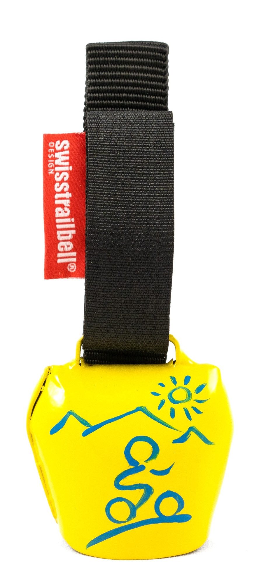 swisstrailbell Fahrradklingel fresh Colour: Gelb mit blauem Mountainbiker, schwarzes Band, Trailbell