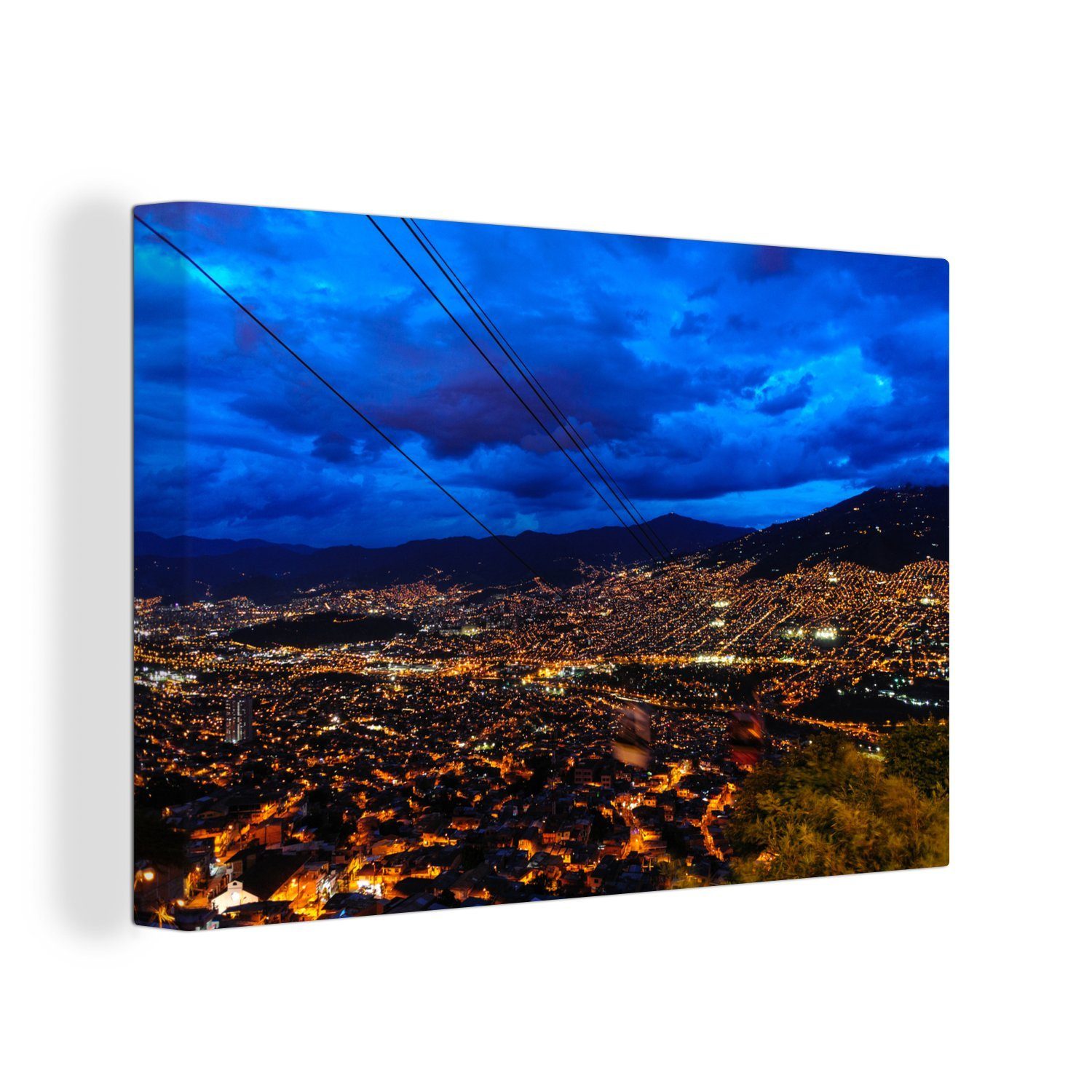 30x20 cm St), bei über Himmel, (1 der Seilbahnstation von Blick OneMillionCanvasses® Leinwandbilder, blauem Medellin Leinwandbild Wandbild Aufhängefertig, Wanddeko,
